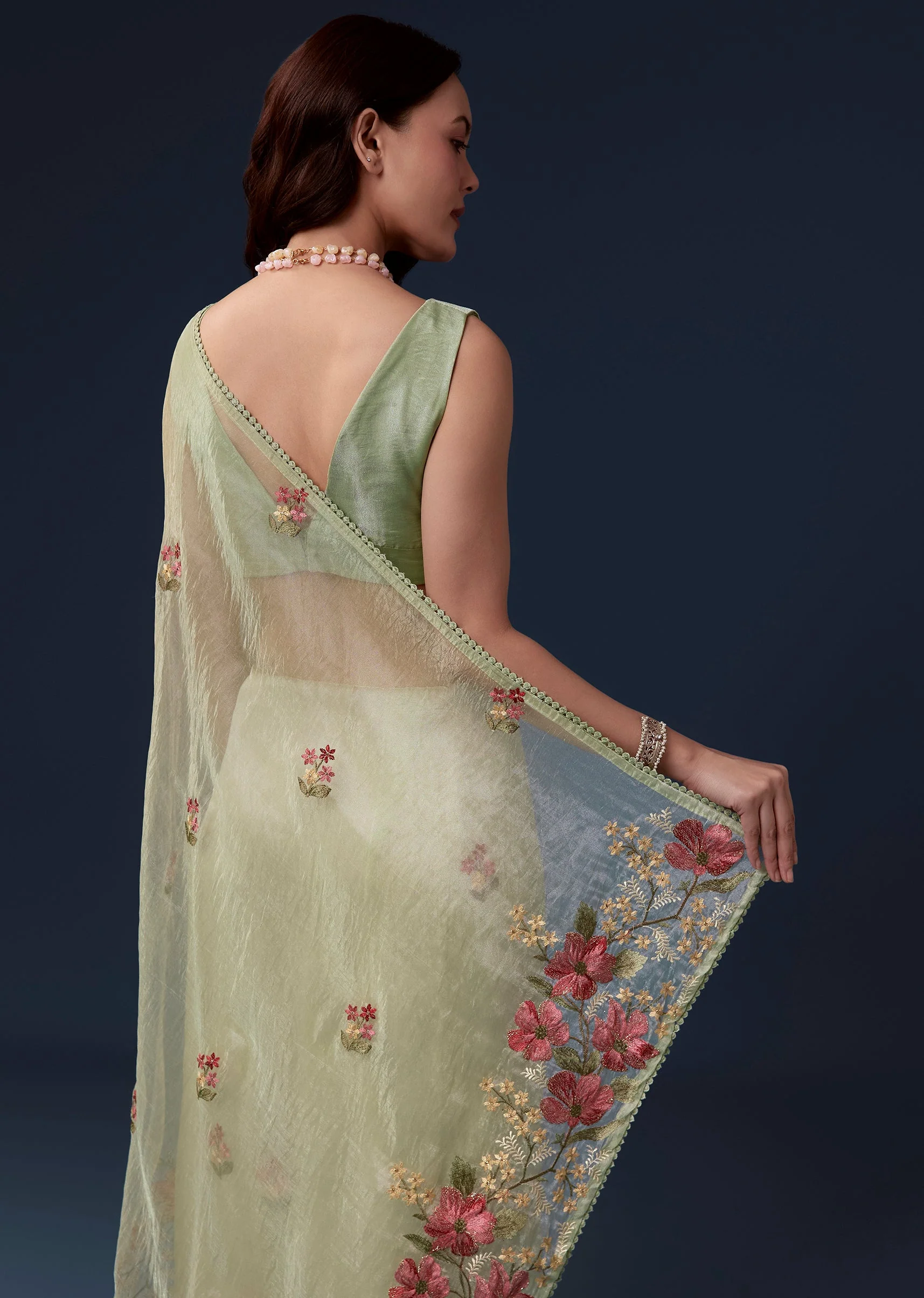 Pista Green Tissue Organza Saree With Multicolor Resham Thread And Lace Border - Image 6