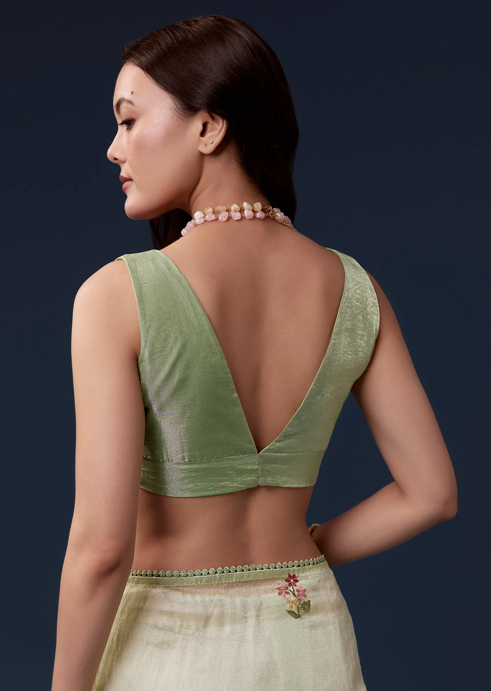 Pista Green Tissue Organza Saree With Multicolor Resham Thread And Lace Border - Image 8