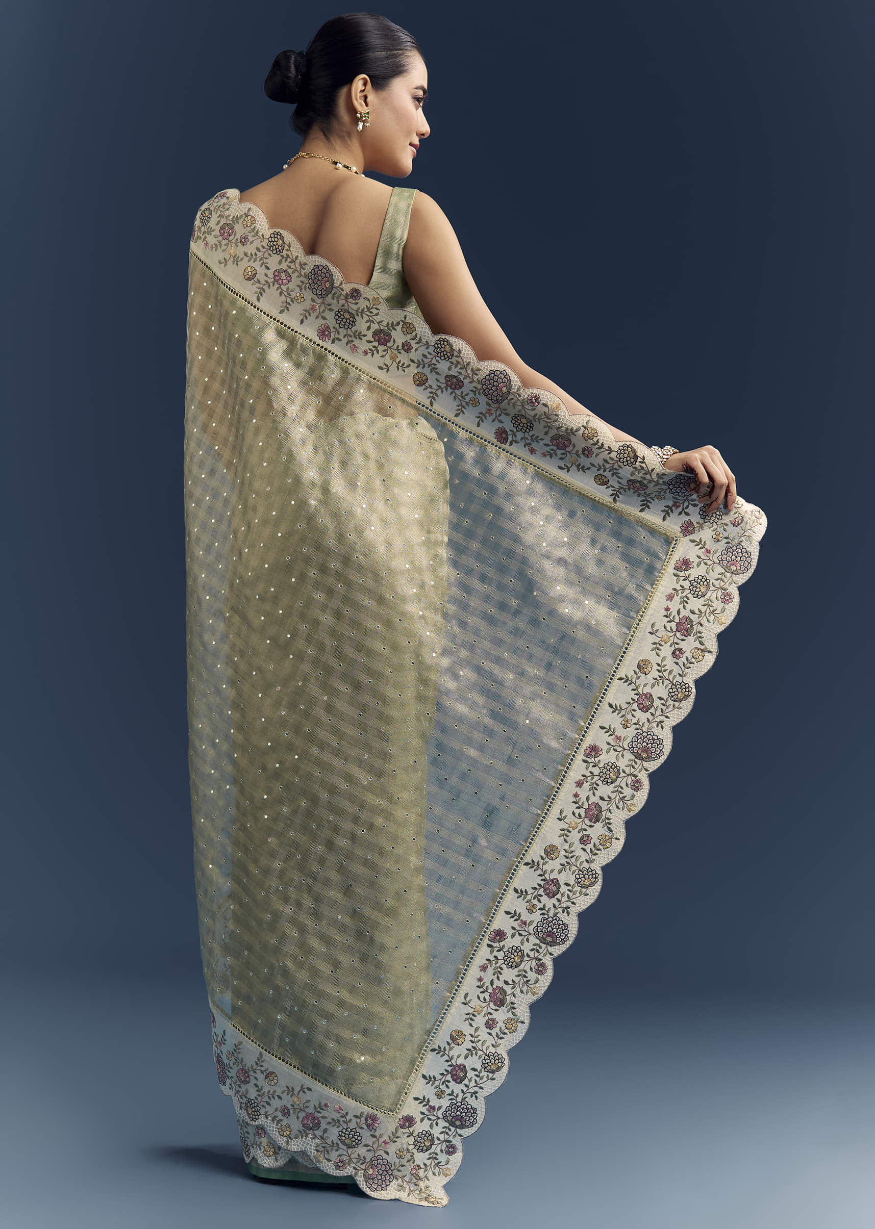 Pista Green Tissue Organza Woven Saree With Heavy Hand Embroidery - Image 4