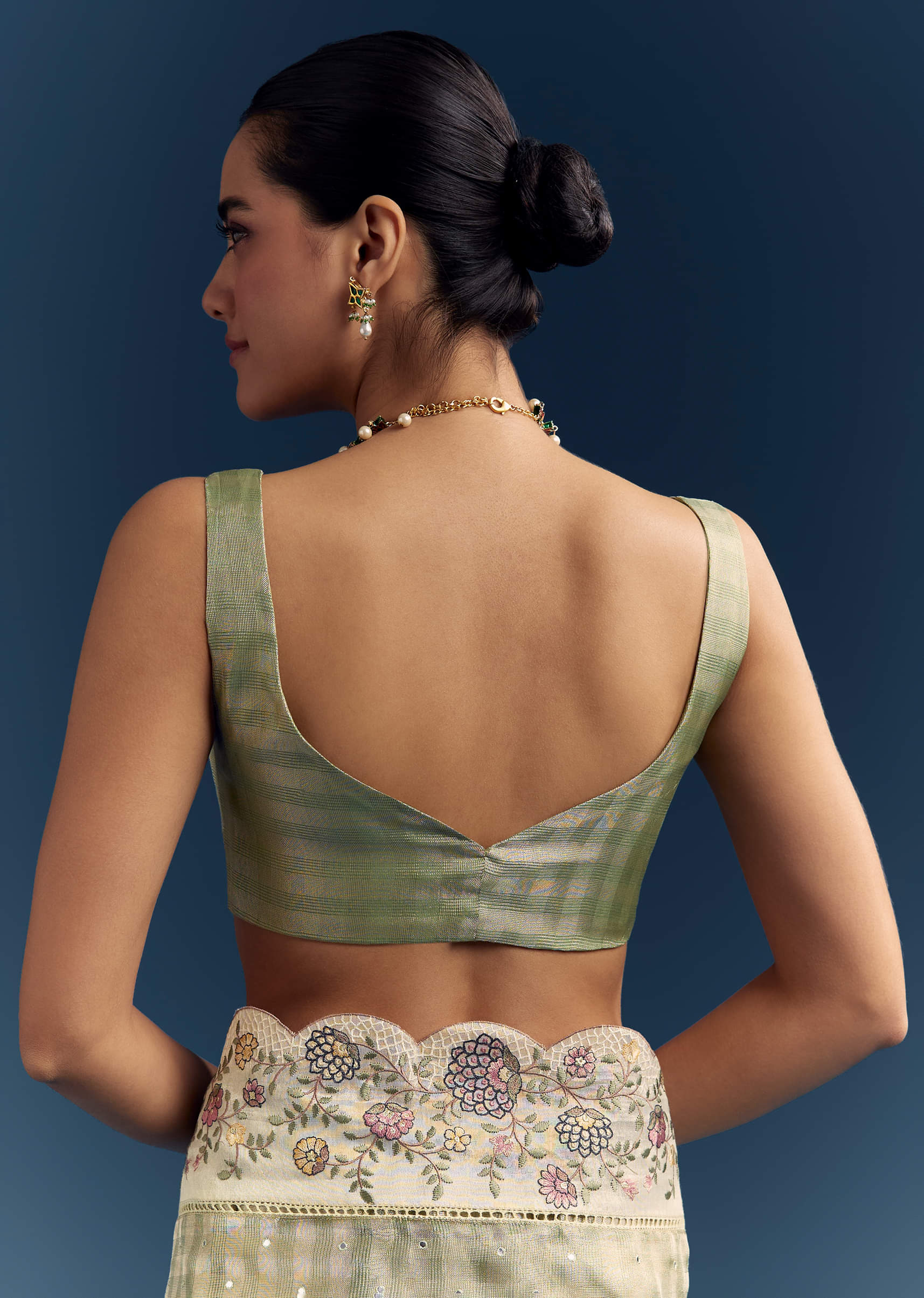 Pista Green Tissue Organza Woven Saree With Heavy Hand Embroidery - Image 7