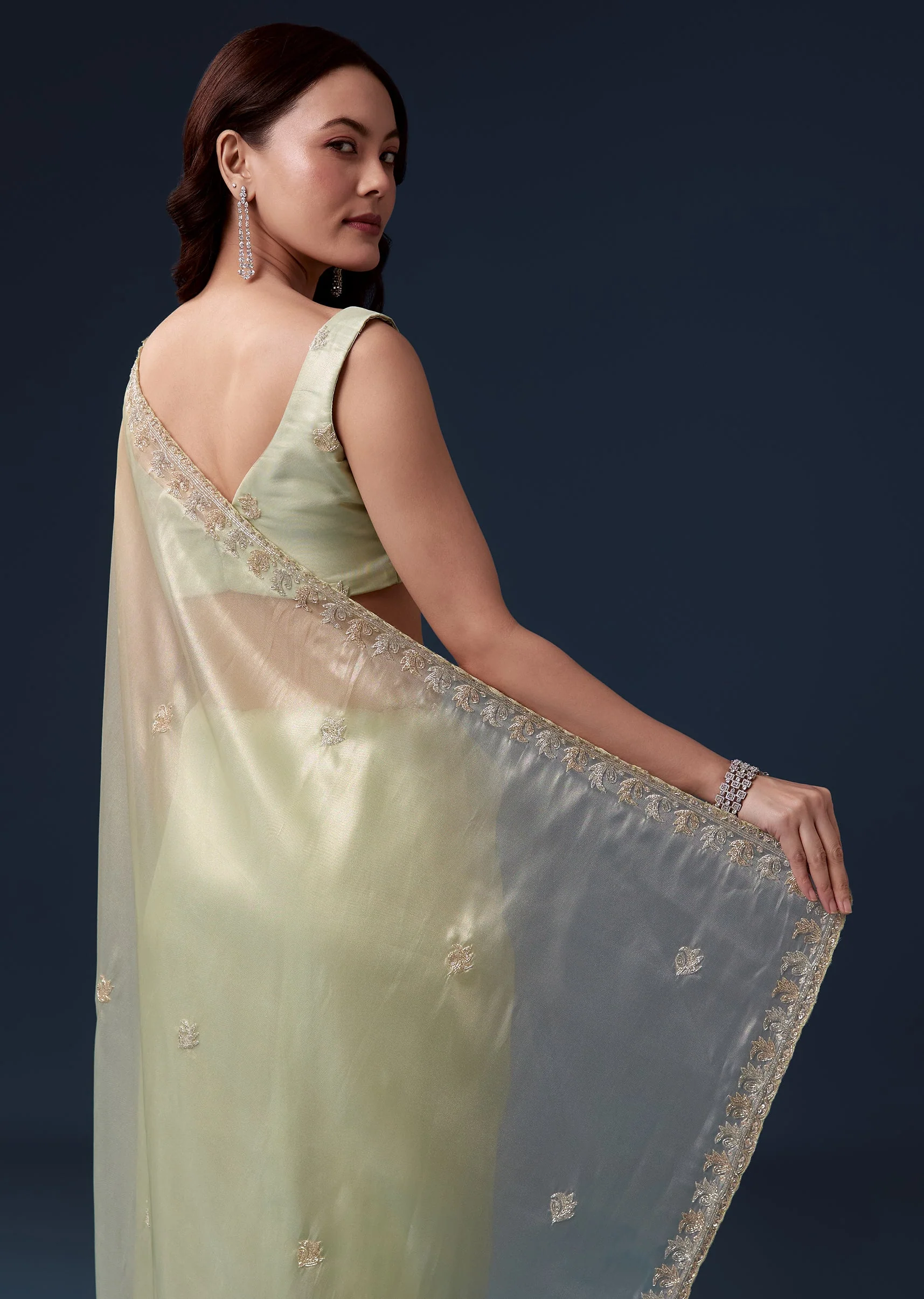 Pista Green Tissue Saree With Cutdana Beads And Sequin Embroidery - Image 6