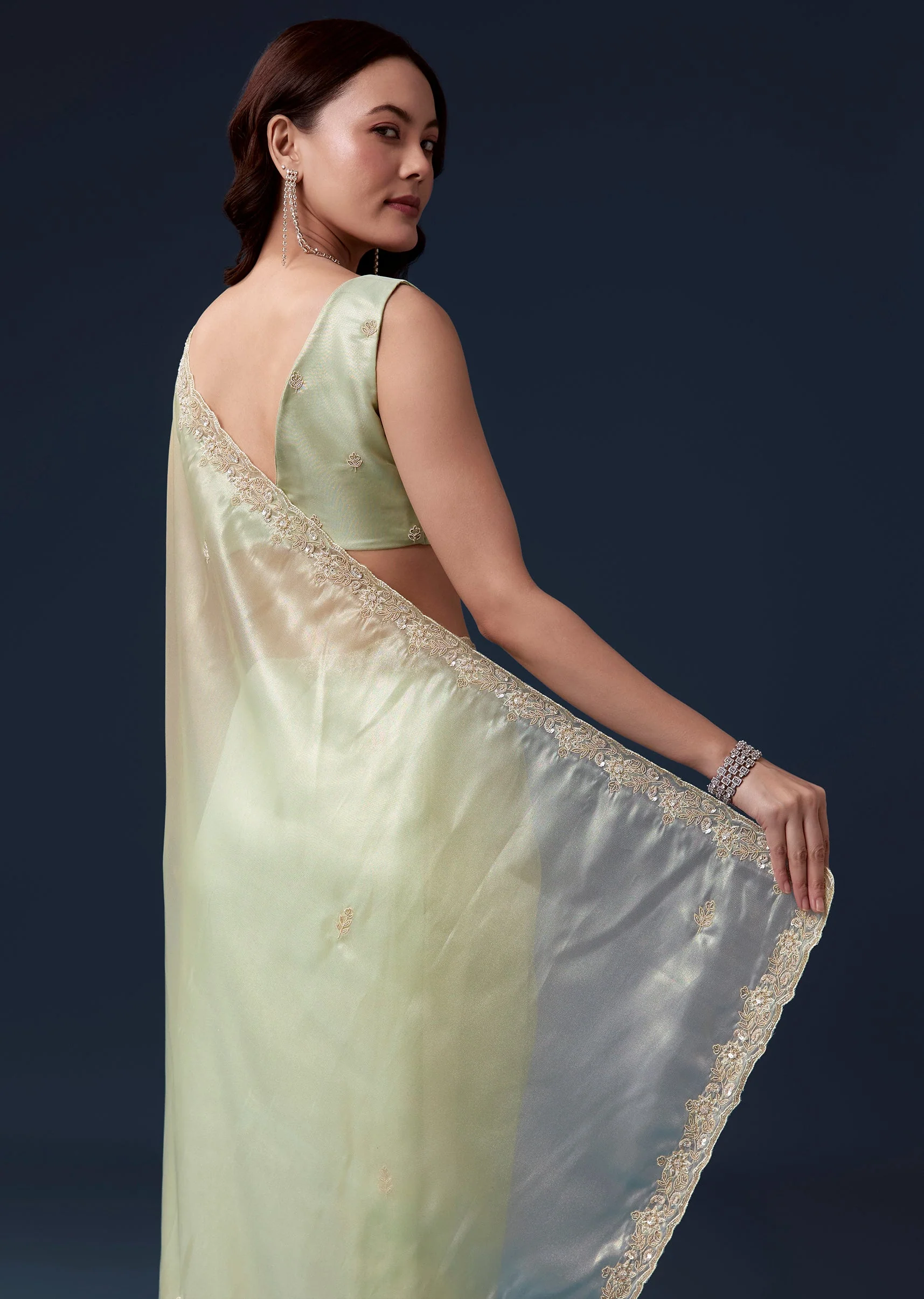 Pista Green Tissue Saree With Cutdana Beads Sequins And Zardosi Work - Image 6