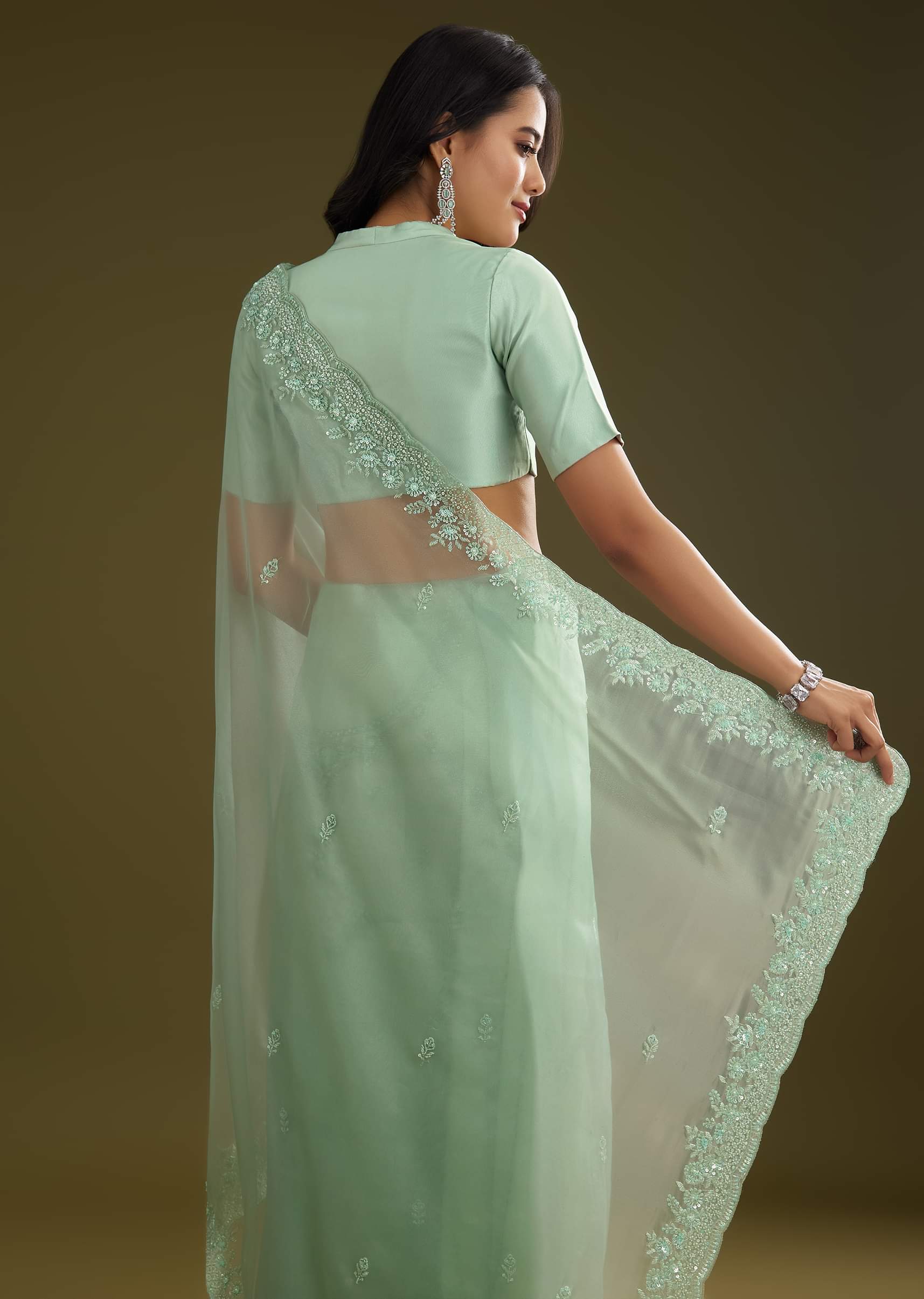 Pista Green Tissue Saree With Embroidered Scallop Border - Image 4