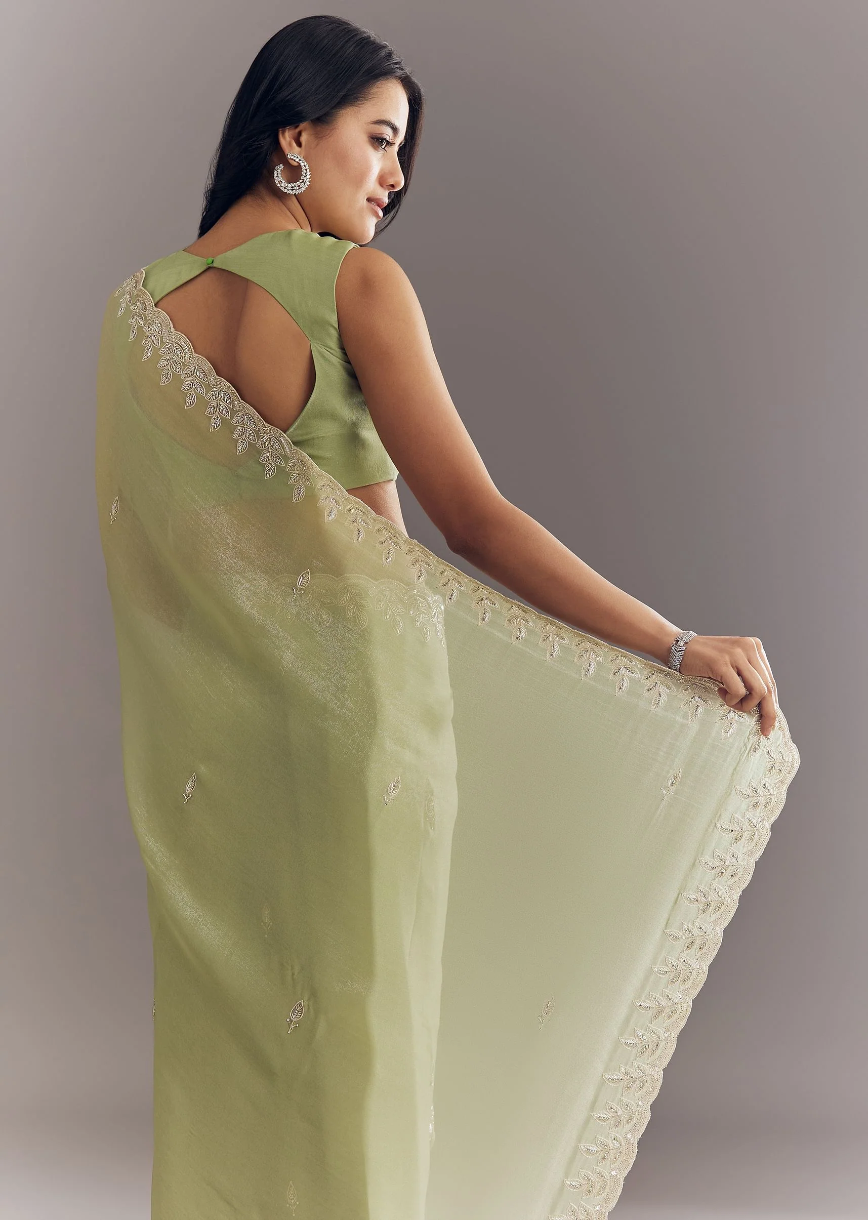 Pista Green Tissue Saree With Leaf Motif Embroidery In Sequins And Cutdana - Image 4