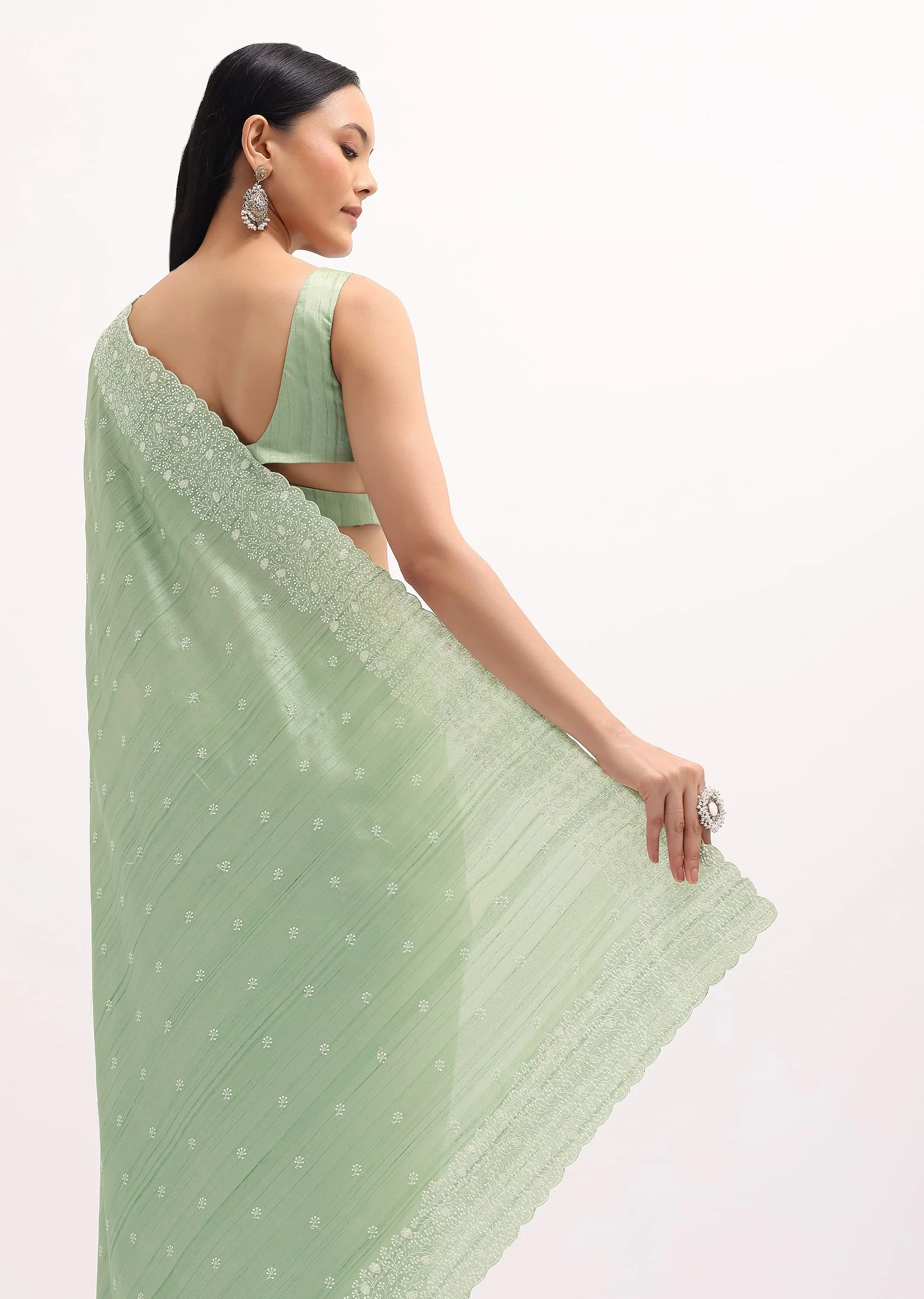 Pista Green Tussar Saree With Unstitched Blouse - Image 6