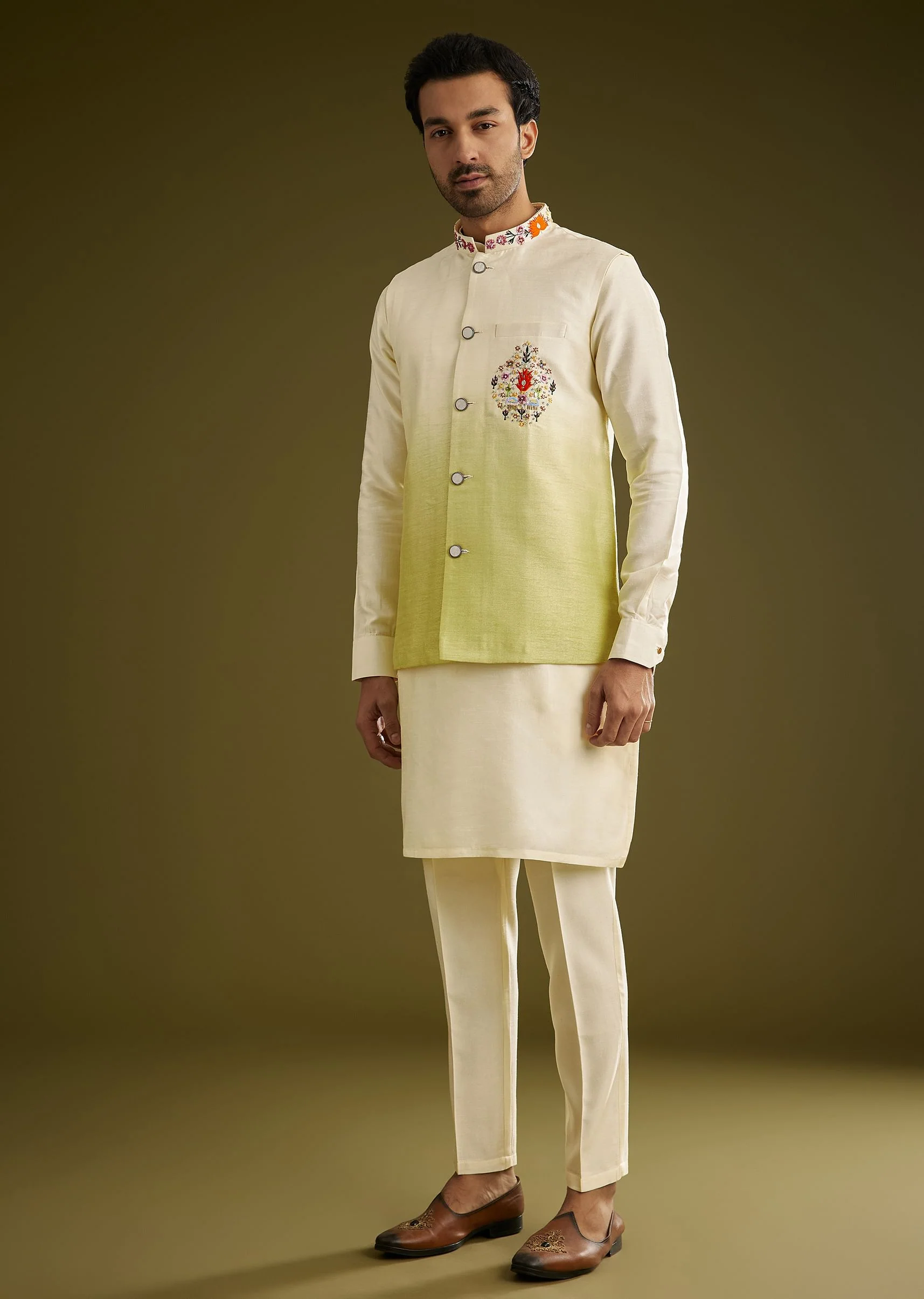 Pista Ombre Green Silk Kurta Jacket Set With Thread Work - Image 3