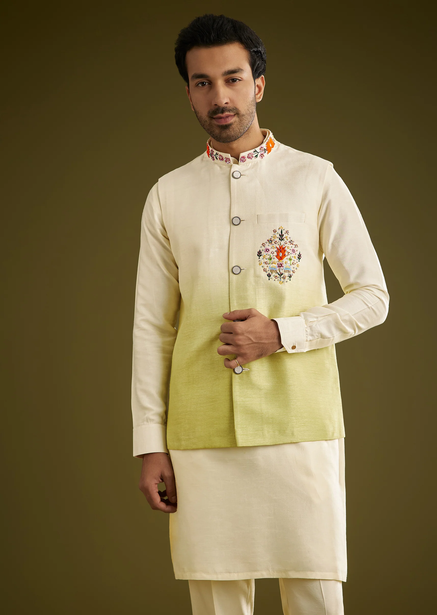 Pista Ombre Green Silk Kurta Jacket Set With Thread Work - Image 4