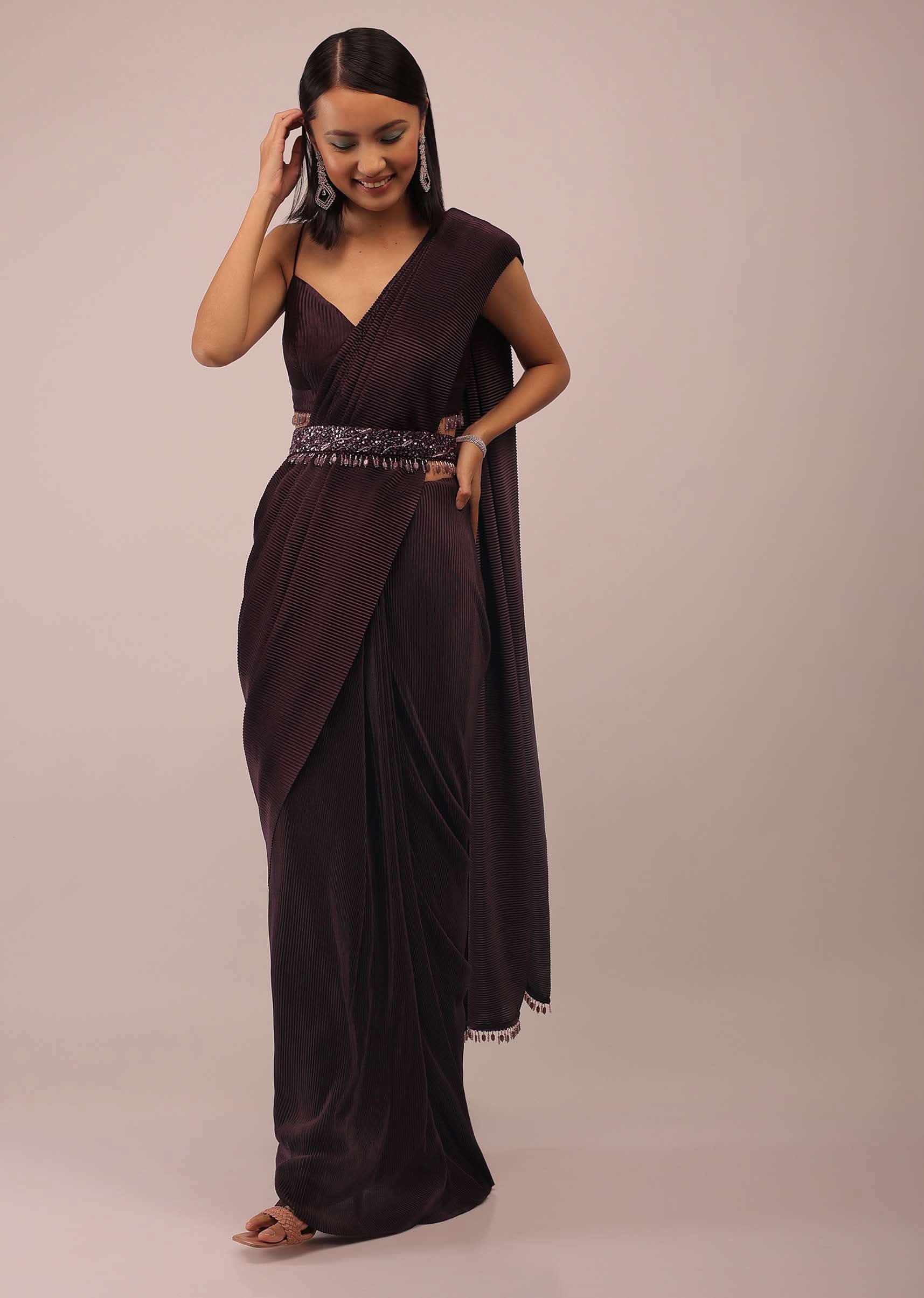 Plum Saree With Moti And Cut Dana Fringes Detailing On The Pallu And A Spaghetti Straps Crop Top With An Embroidered Belt In Fringes - Image 3