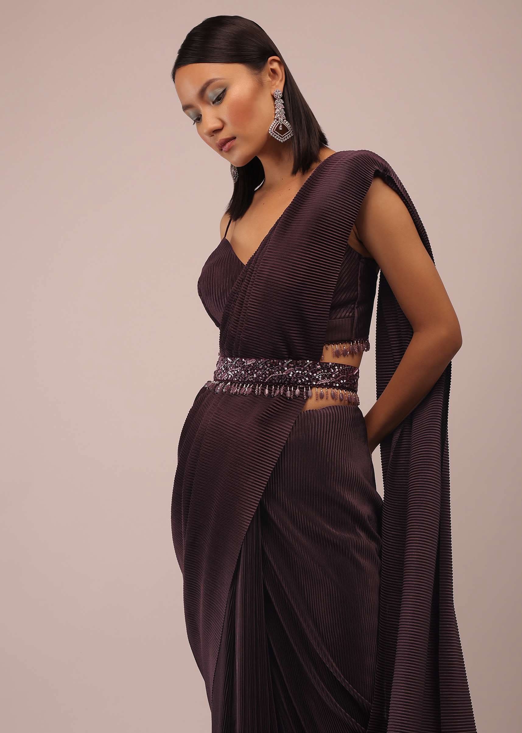 Plum Saree With Moti And Cut Dana Fringes Detailing On The Pallu And A Spaghetti Straps Crop Top With An Embroidered Belt In Fringes - Image 4