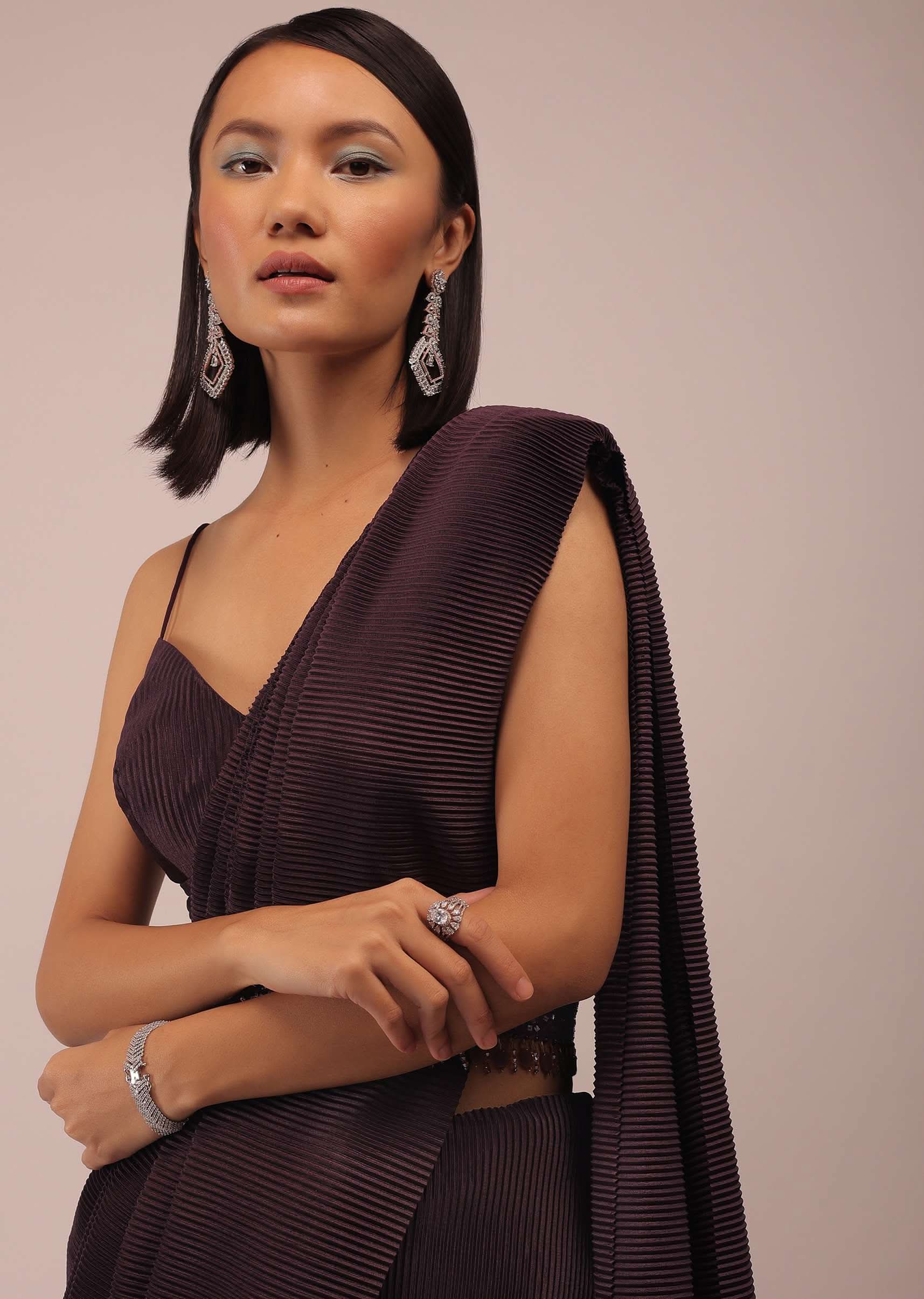 Plum Saree With Moti And Cut Dana Fringes Detailing On The Pallu And A Spaghetti Straps Crop Top With An Embroidered Belt In Fringes - Image 5
