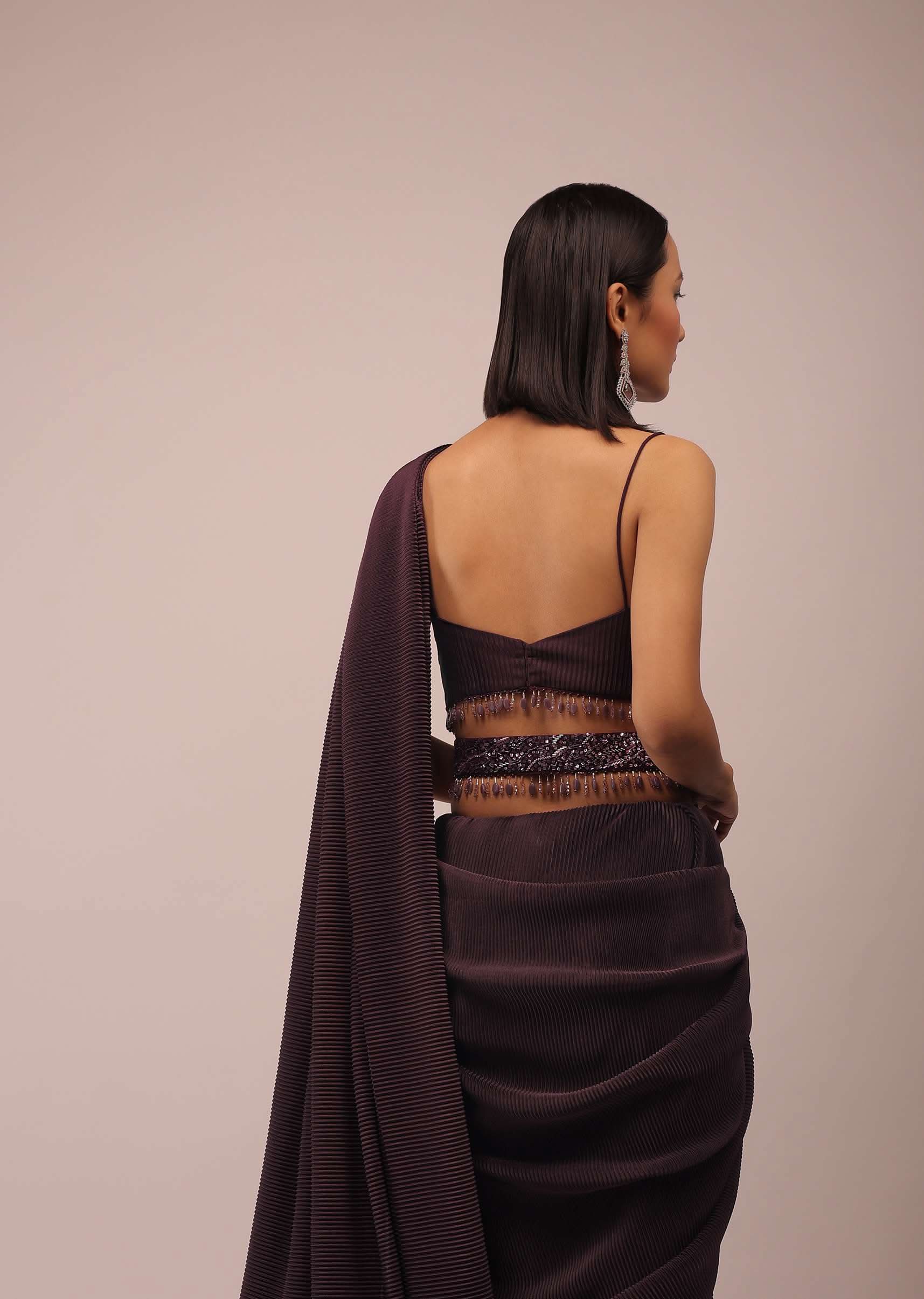 Plum Saree With Moti And Cut Dana Fringes Detailing On The Pallu And A Spaghetti Straps Crop Top With An Embroidered Belt In Fringes - Image 6