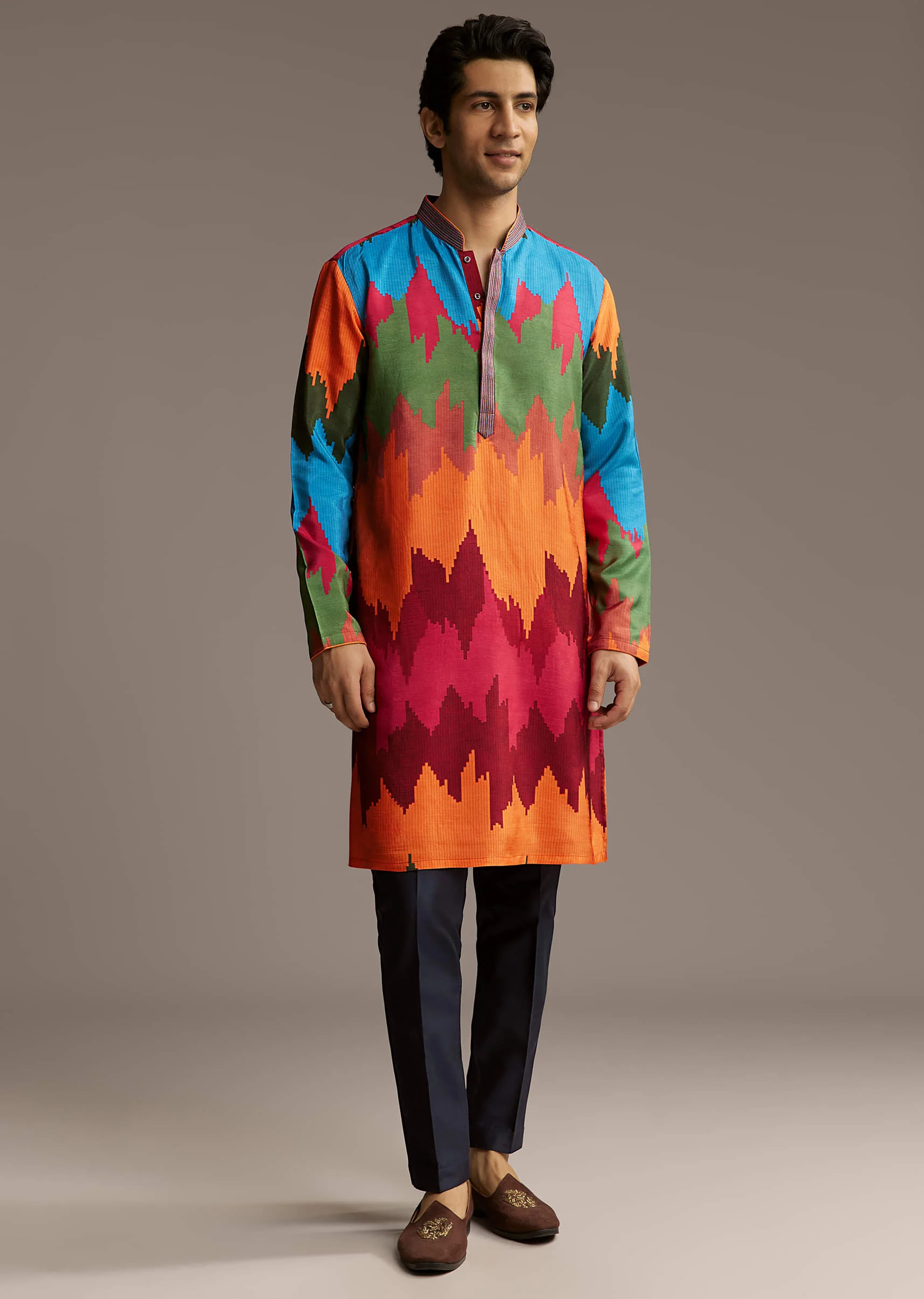 Poppy Multicolour Silk Kurta Set For Men With Vibrant Zigzag Print - Image 2