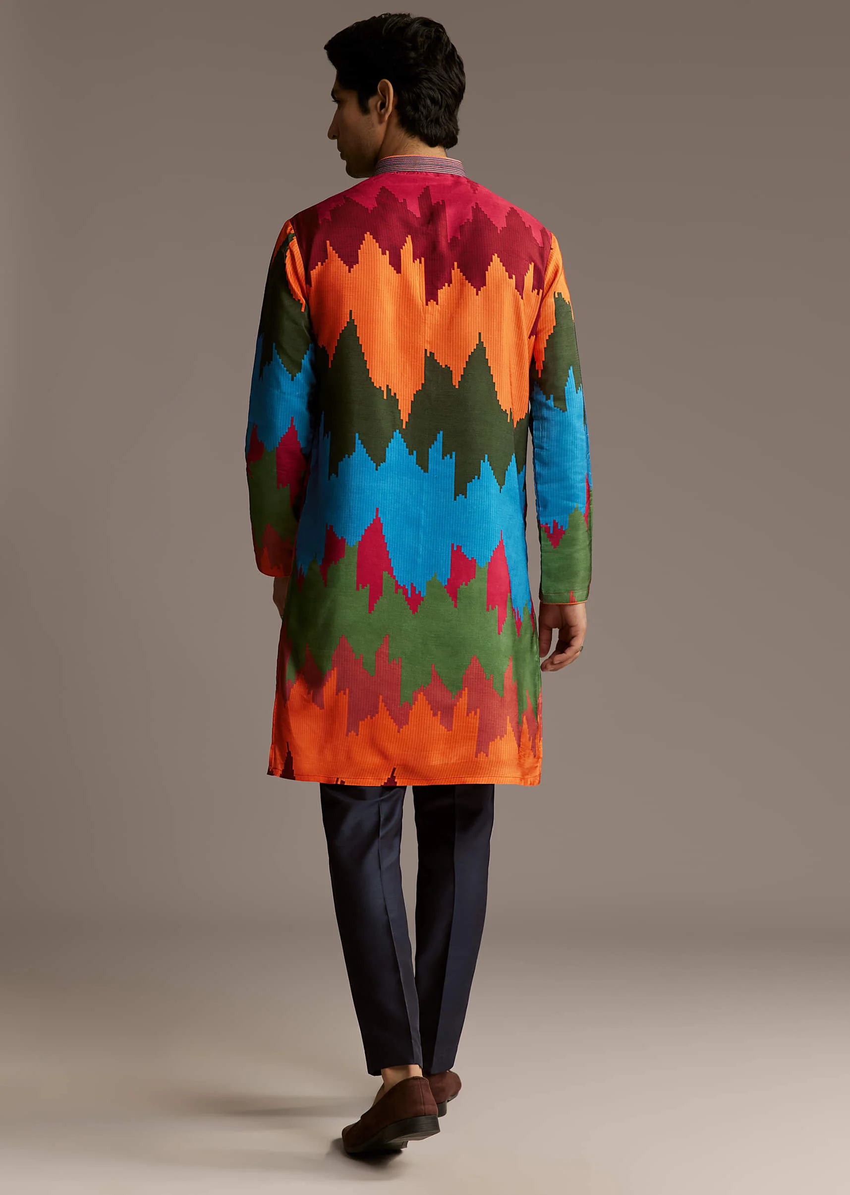 Poppy Multicolour Silk Kurta Set For Men With Vibrant Zigzag Print - Image 5