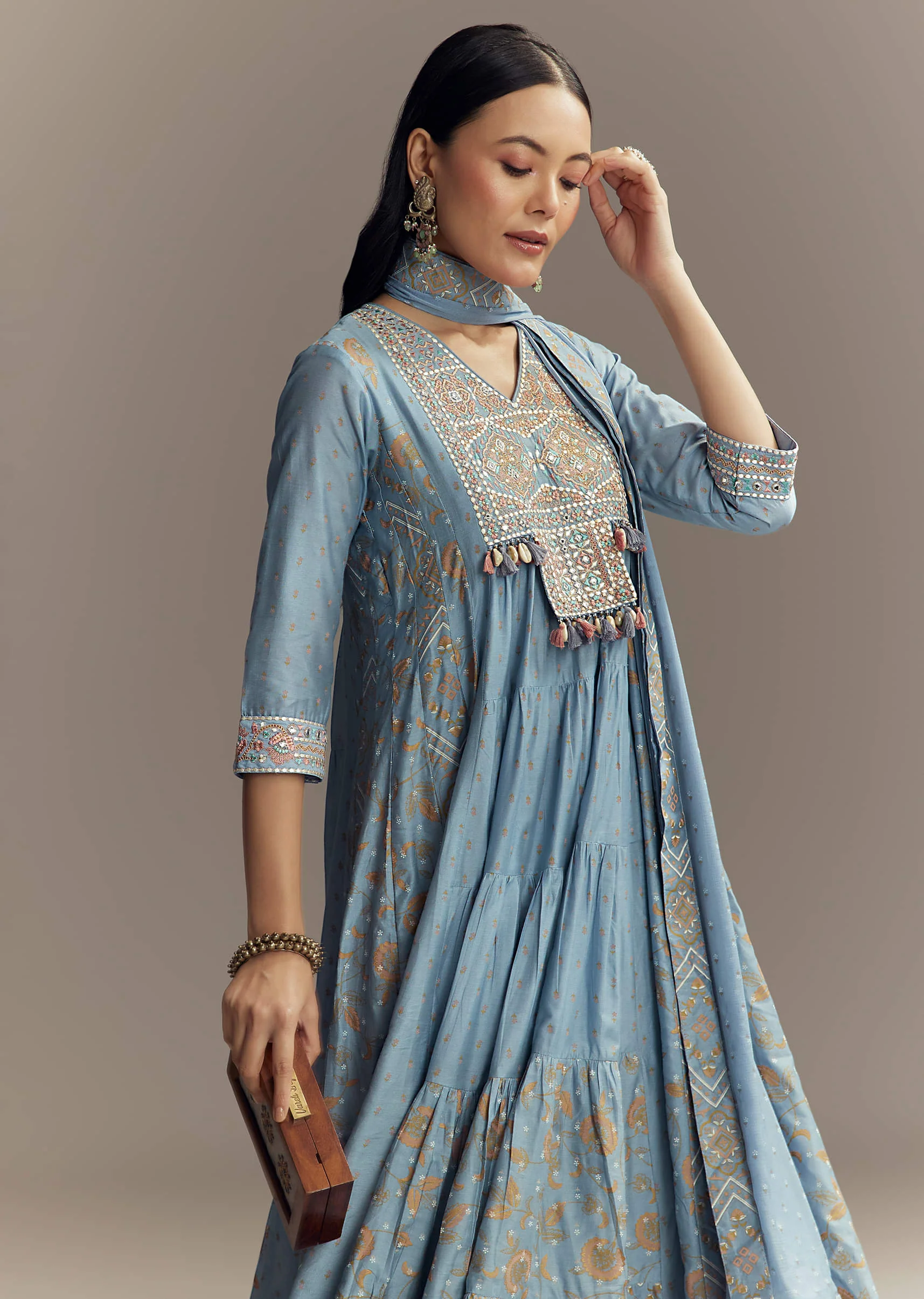 Powder Blue Chanderi Printed Anarkali Suit With Resham Work - Image 4