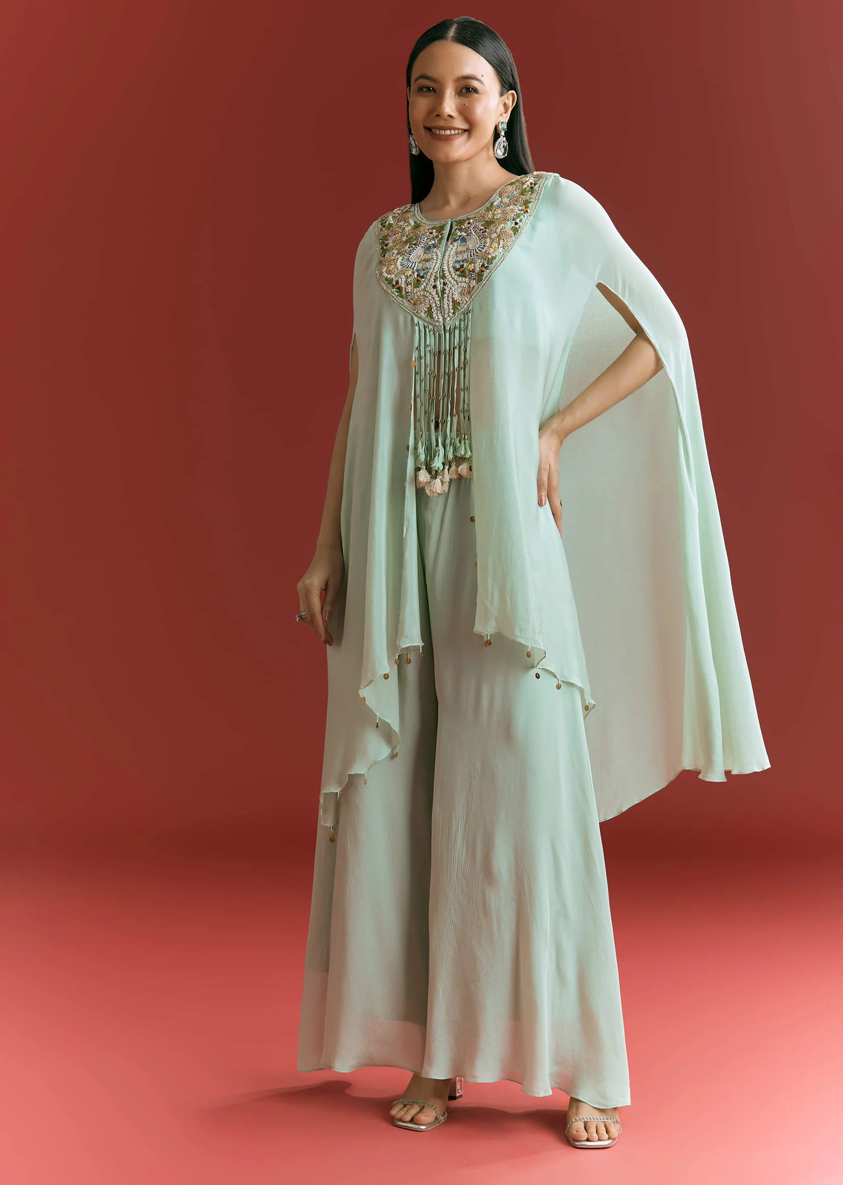 Powder Blue Chinon Cape Suit With Zardosi Thread And Moti Work - Image 3