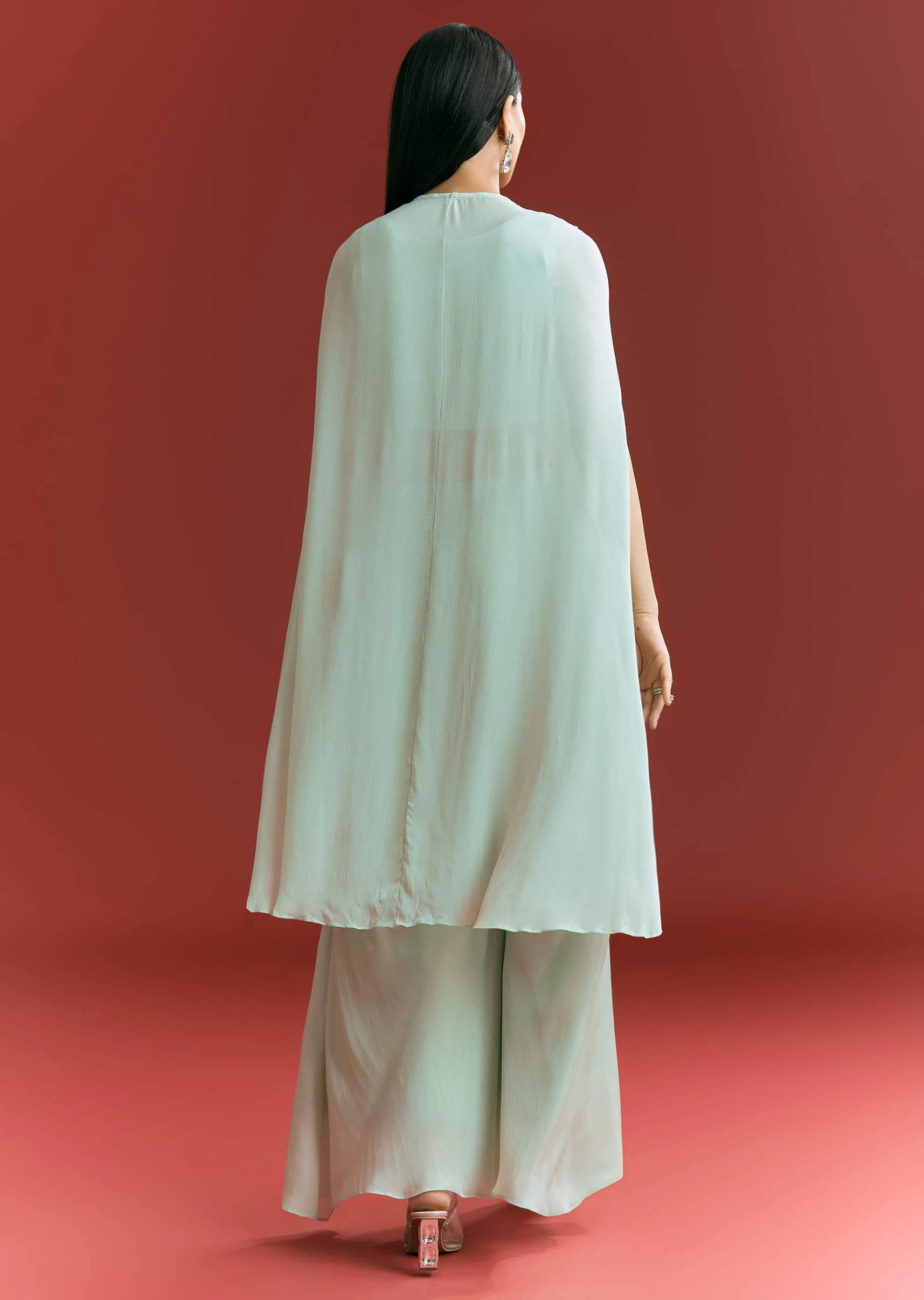 Powder Blue Chinon Cape Suit With Zardosi Thread And Moti Work - Image 5