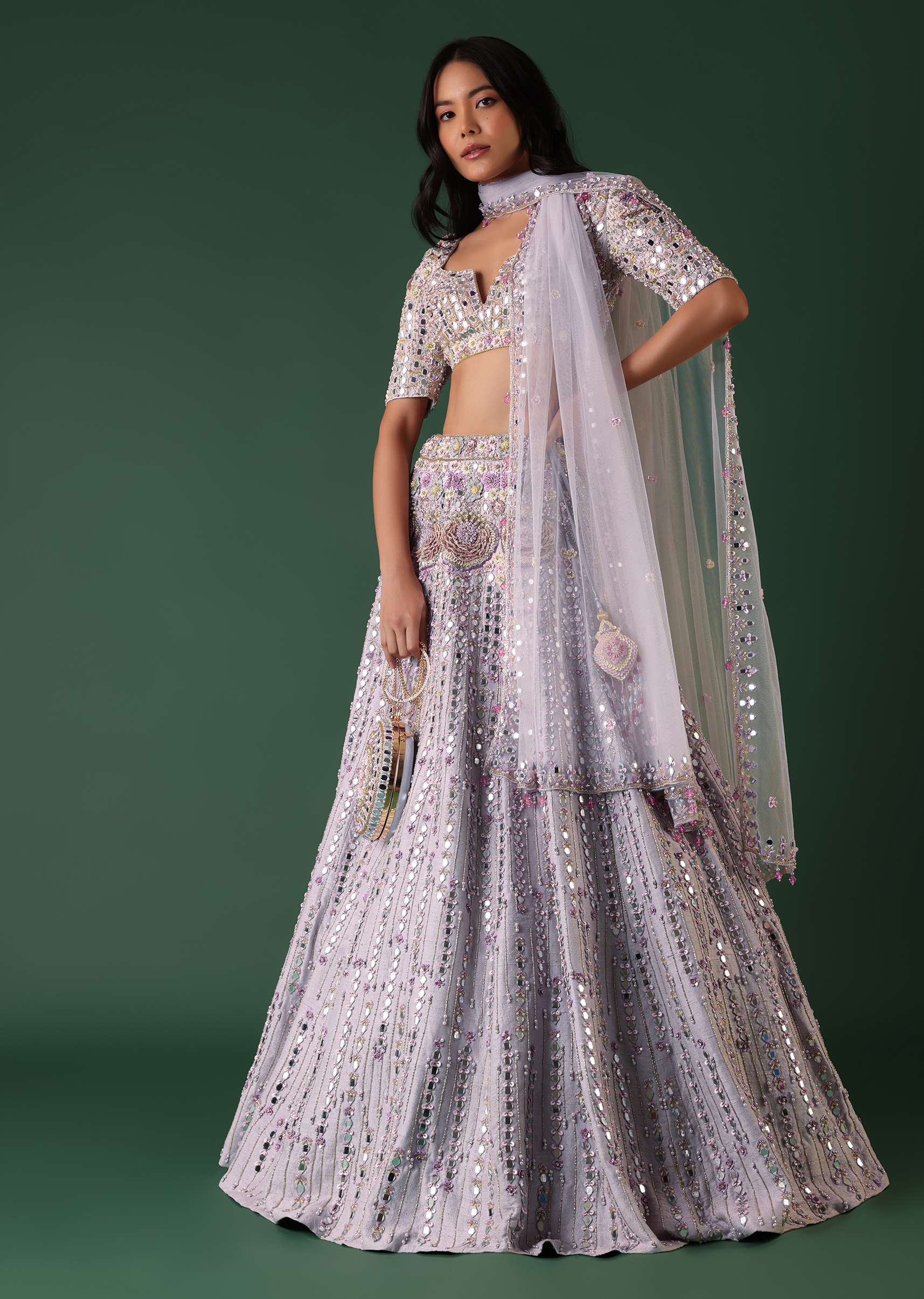 Powder Blue Embroidered Bridal Lehenga Set In Raw Silk - Image 3