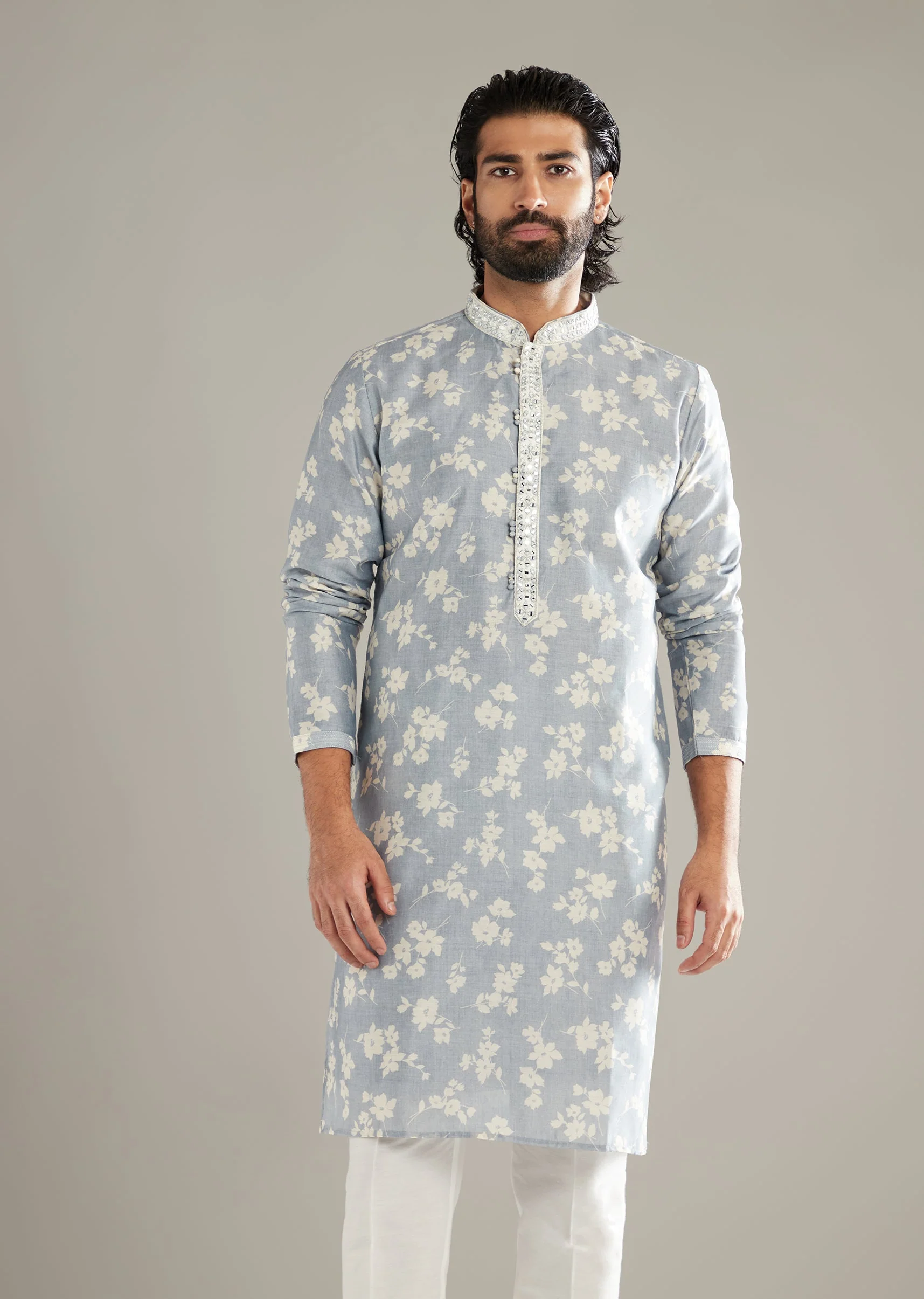 Powder Blue Kurta Set For Men With Floral Print And Mirror Work - Image 4