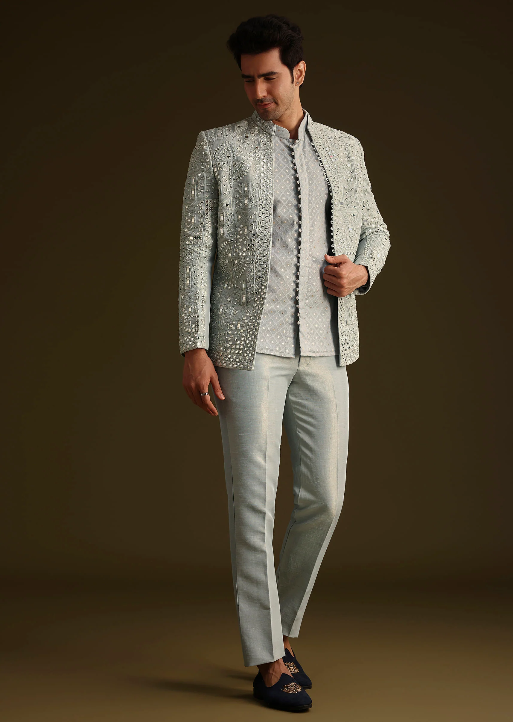 Powder Blue Silk Mirror Work Indo Jacket Set - Image 2