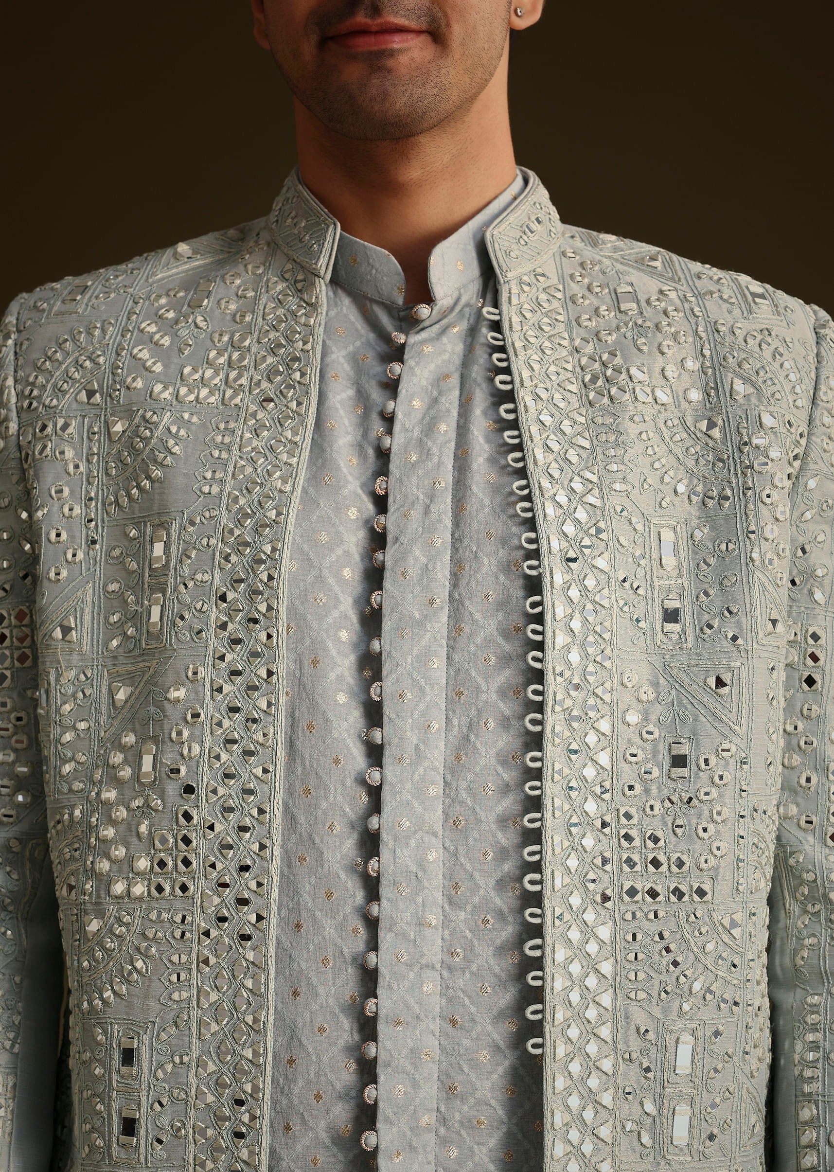 Powder Blue Silk Mirror Work Indo Jacket Set - Image 3