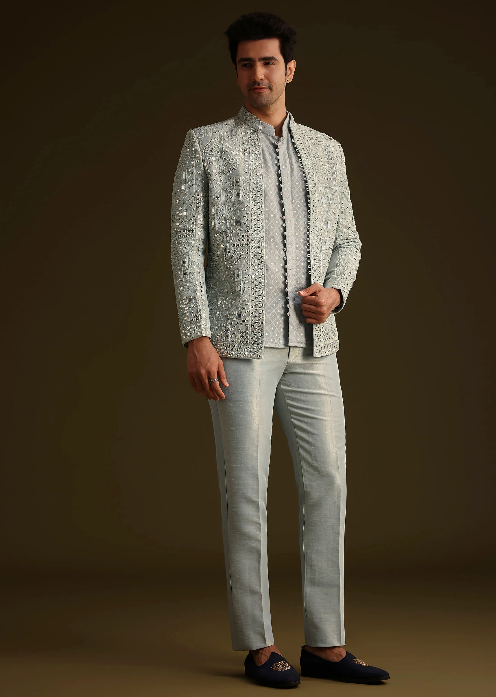 Powder Blue Silk Mirror Work Indo Jacket Set - Image 4