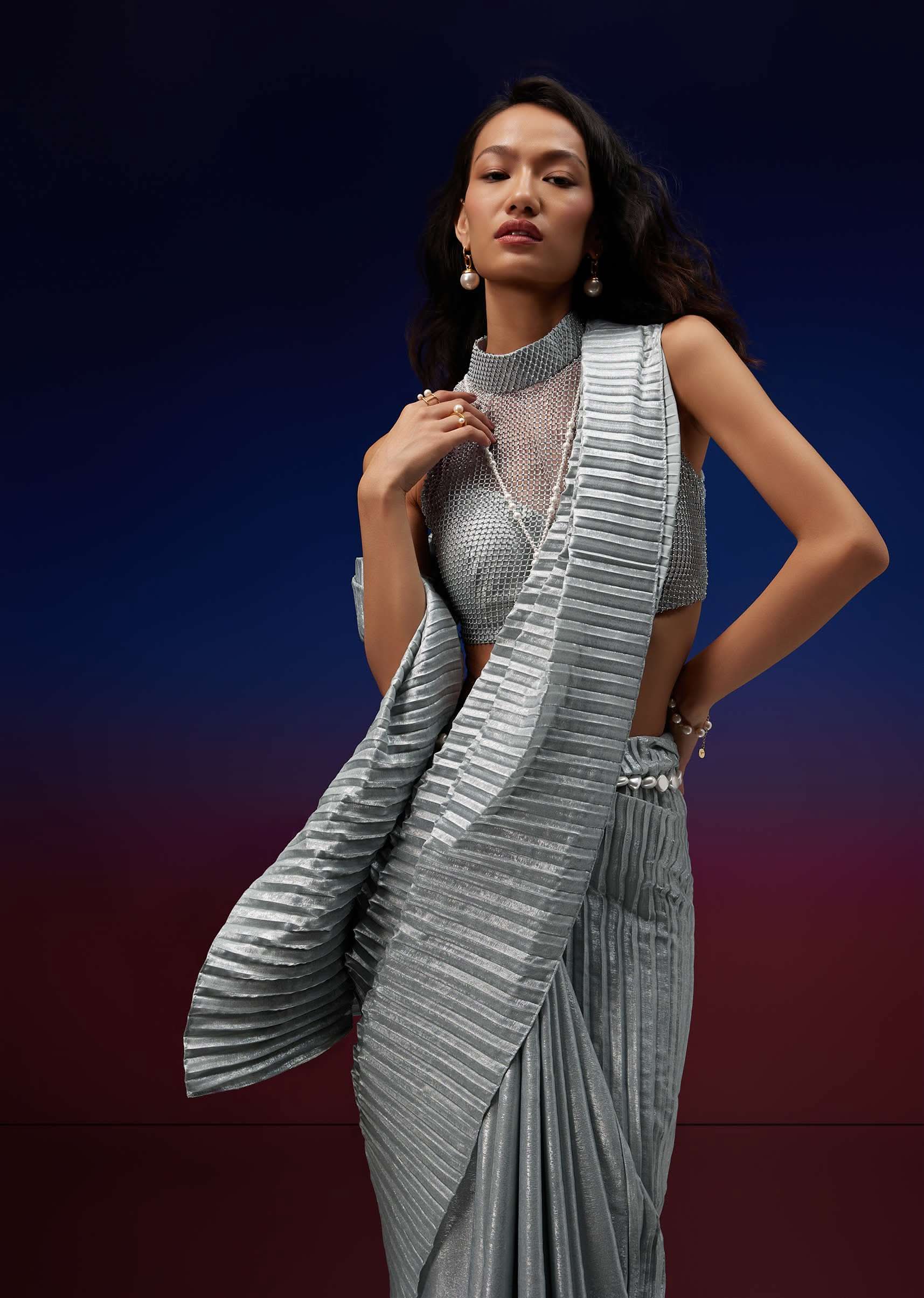 Powder Blue Silver Foil Open Saree With Net Blouse - Image 4