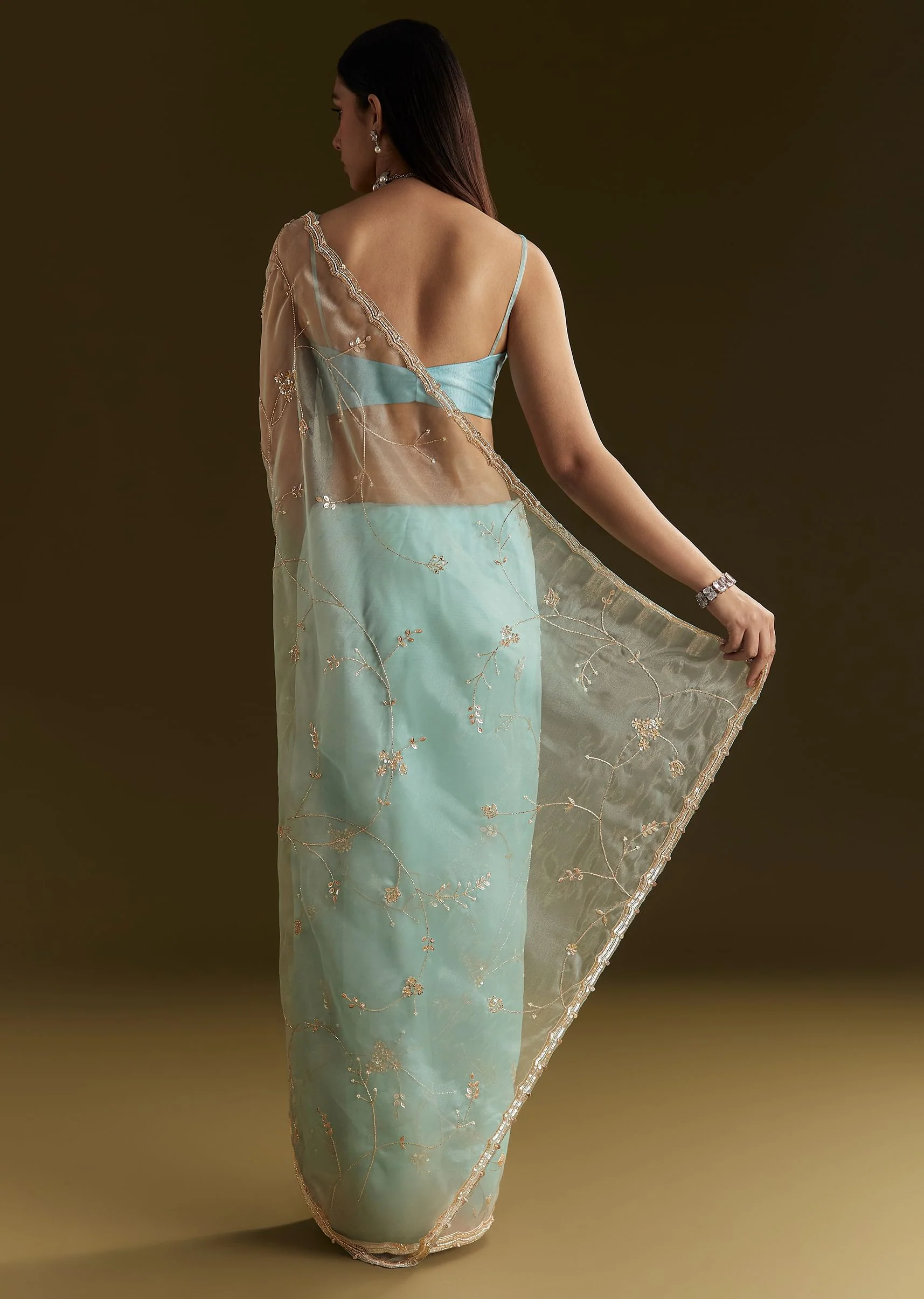 Powder Blue Tissue Embroidered Saree With Scallop Border - Image 6