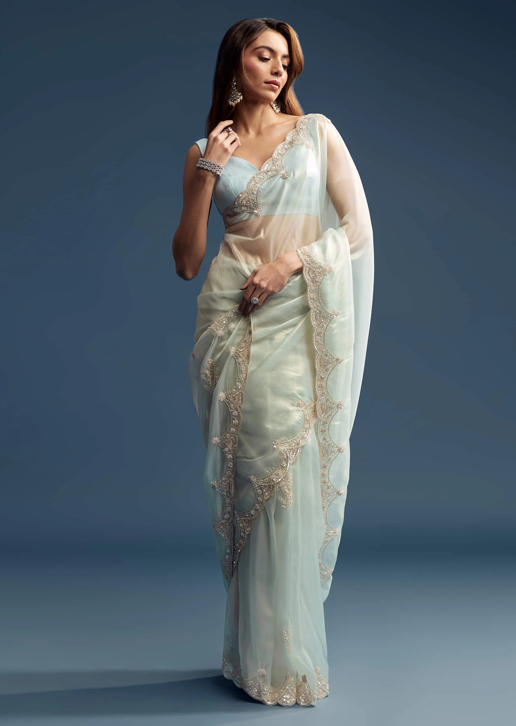 Powder Blue Tissue Saree With Cutdana Embroidery