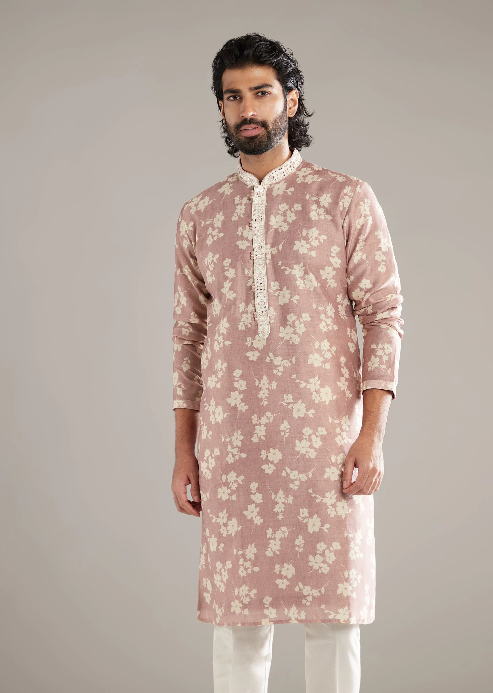 Powder Pink Kurta Set For Men With Floral Print And Mirror Work - Image 4