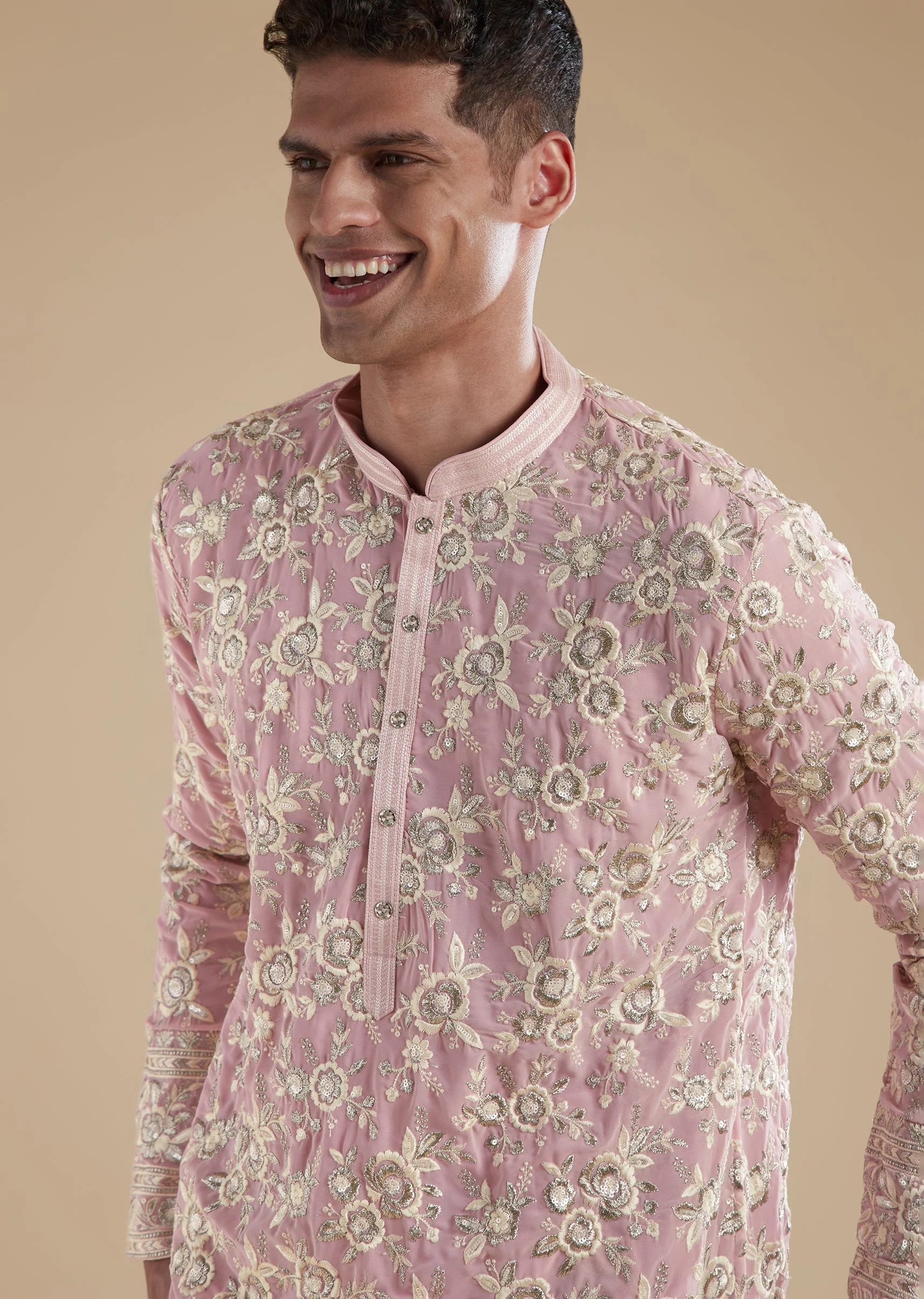 Powder Pink Kurta Set With Thread Resham And Sequins Detail