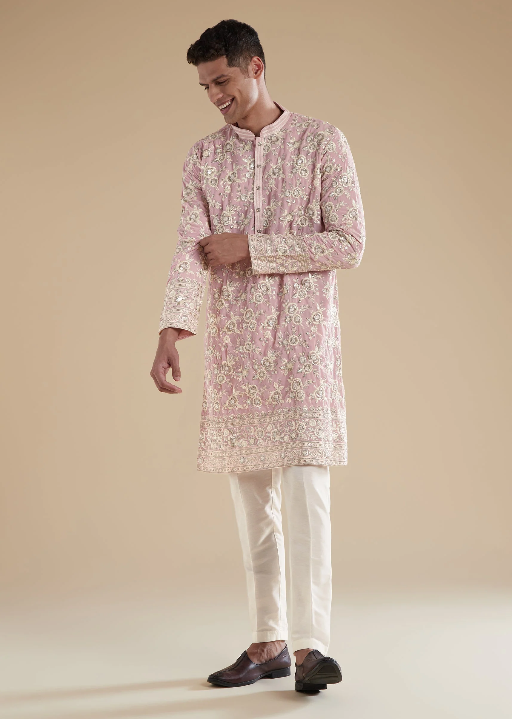 Powder Pink Kurta Set With Thread Resham And Sequins Detail - Image 2