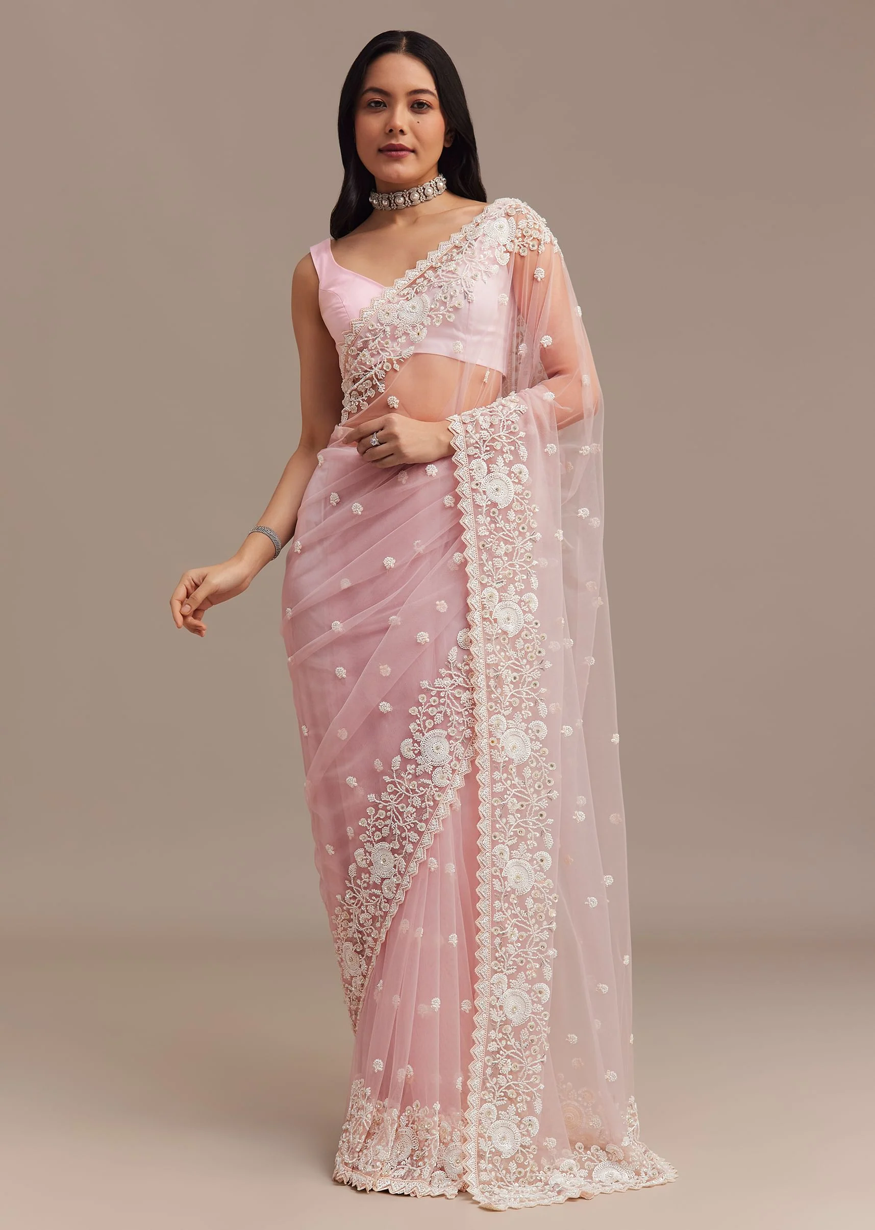 Powder Pink Net Saree Embroidered With Beads And Sequins - Image 3