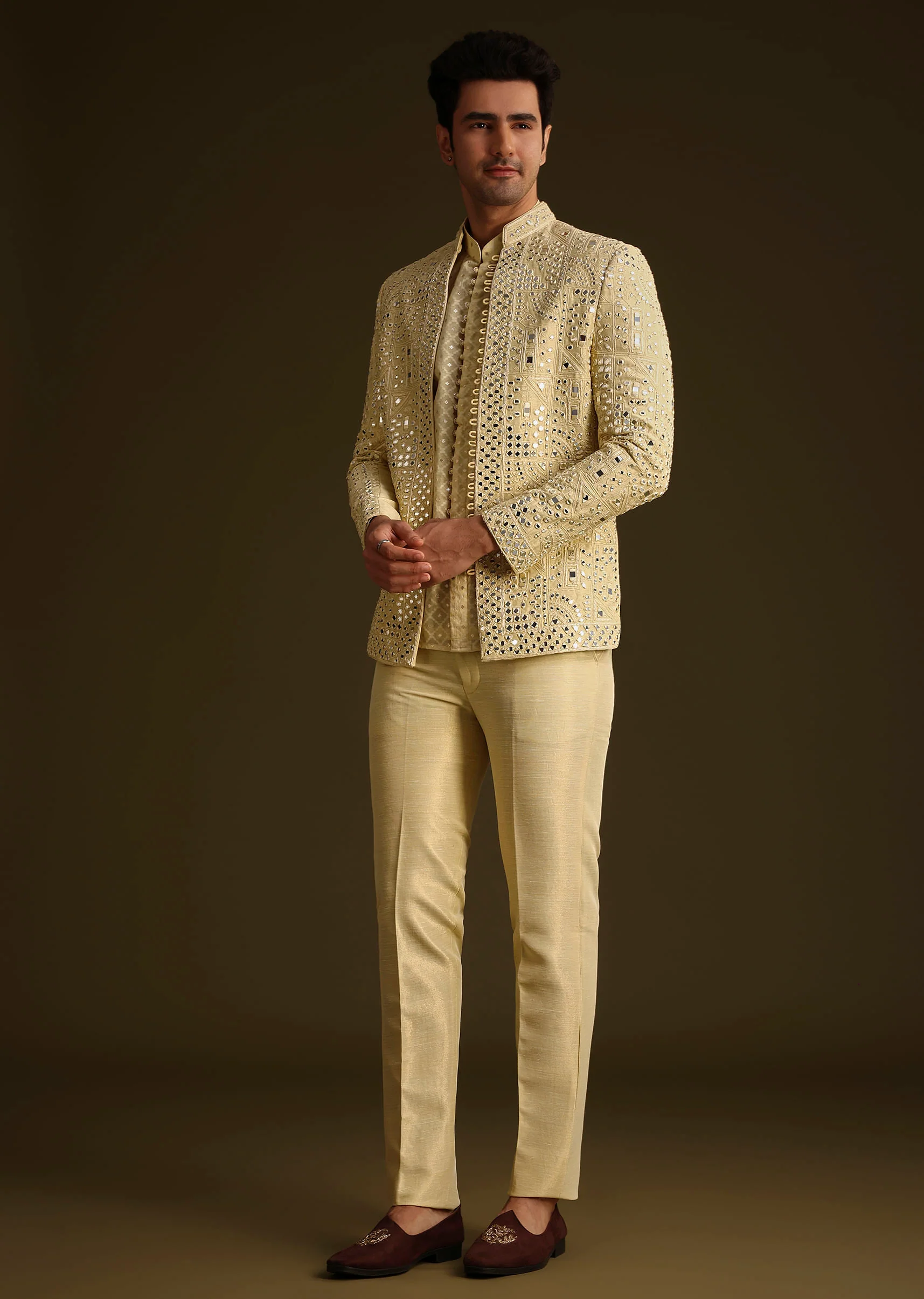 Powder Yellow Silk Mirror Work Indo Jacket Set - Image 2