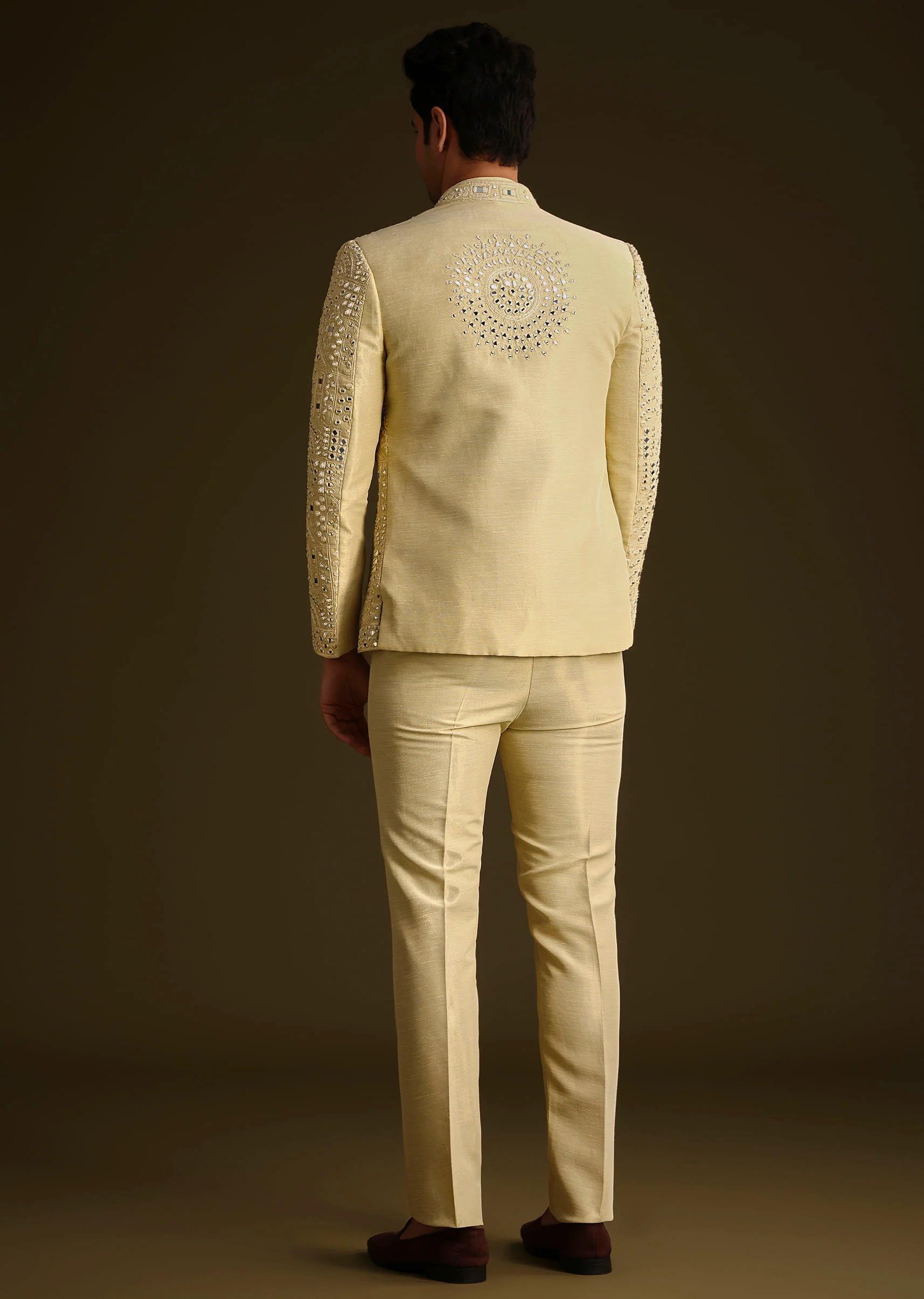 Powder Yellow Silk Mirror Work Indo Jacket Set - Image 5