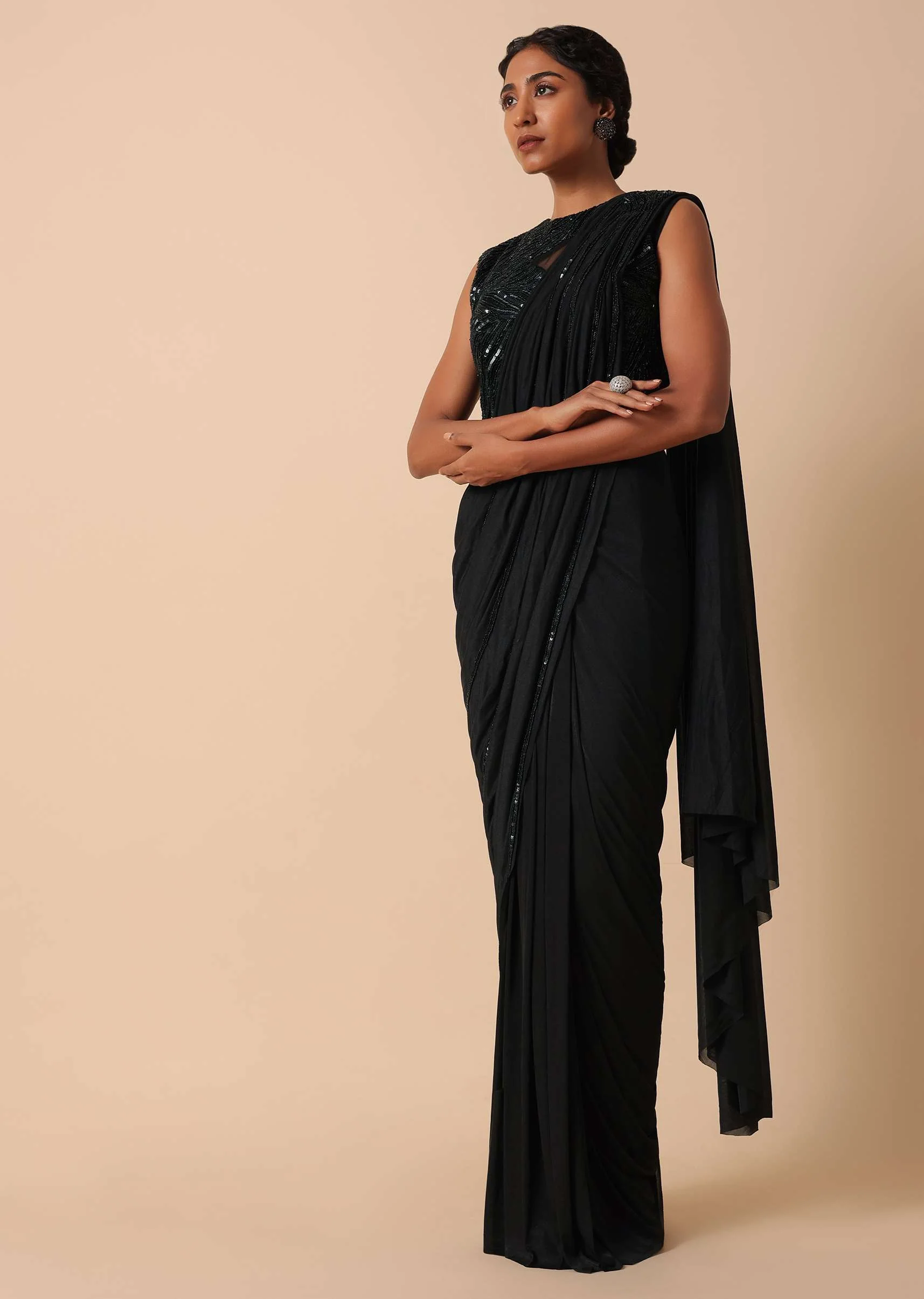 Pre Stitched Black Saree With Cut Dana Embellishments - Image 3