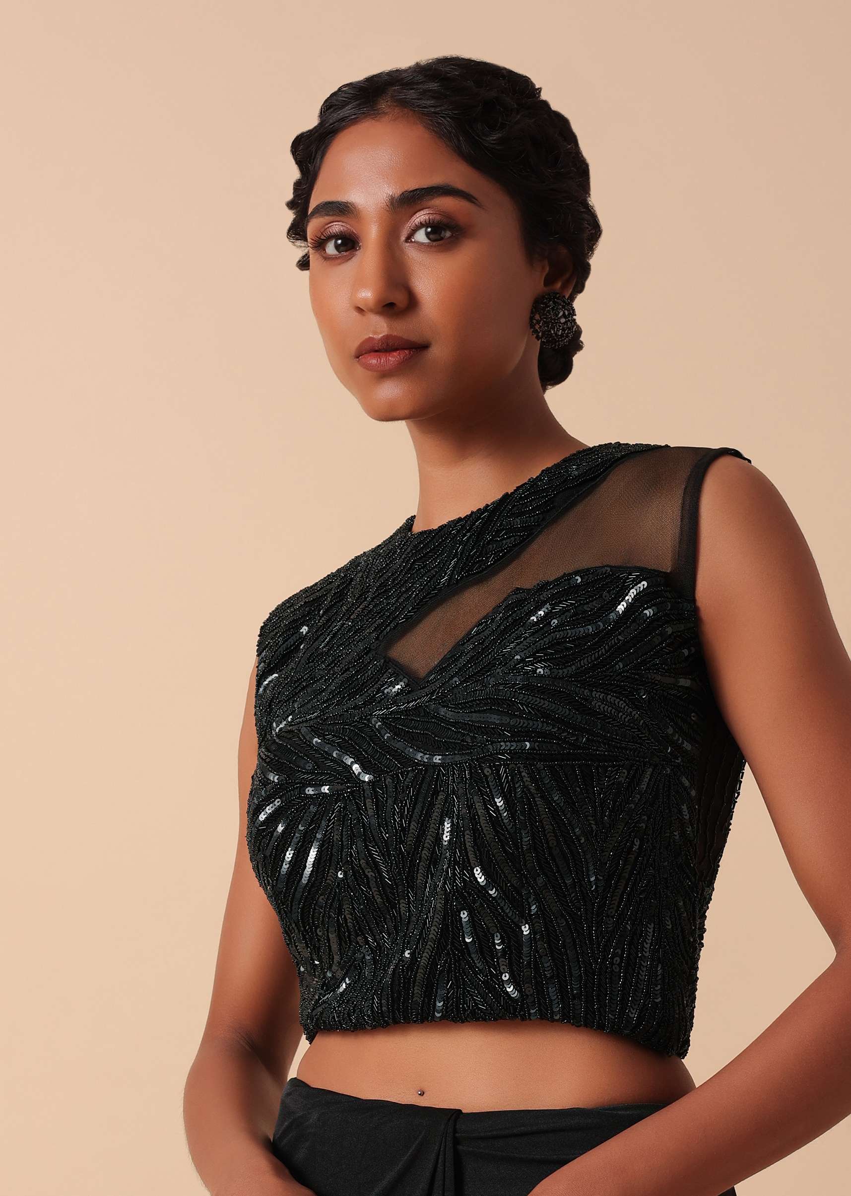 Pre Stitched Black Saree With Cut Dana Embellishments - Image 5