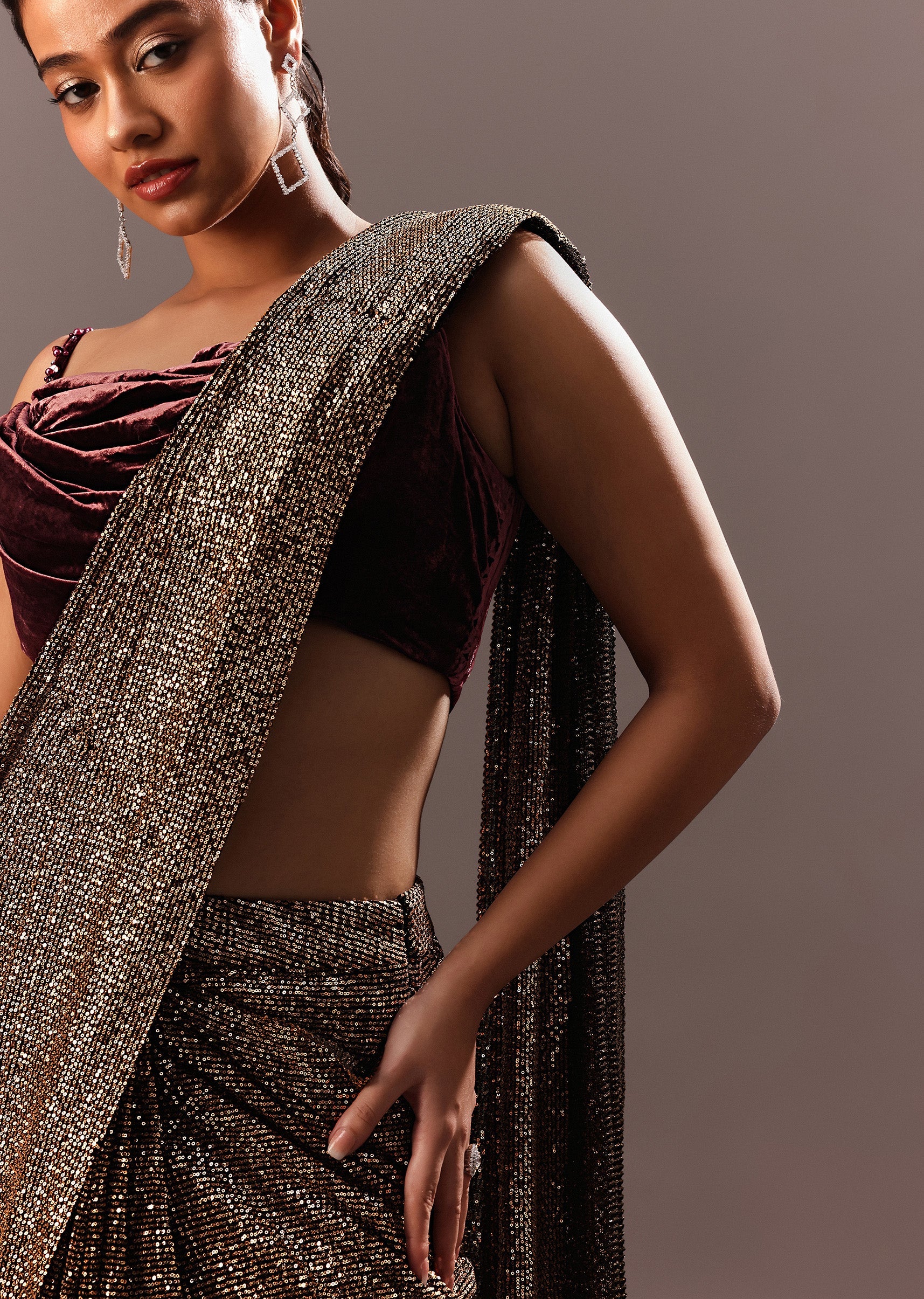 Pre Stitched Brown Sequined Saree With Cowl Blouse - Image 2