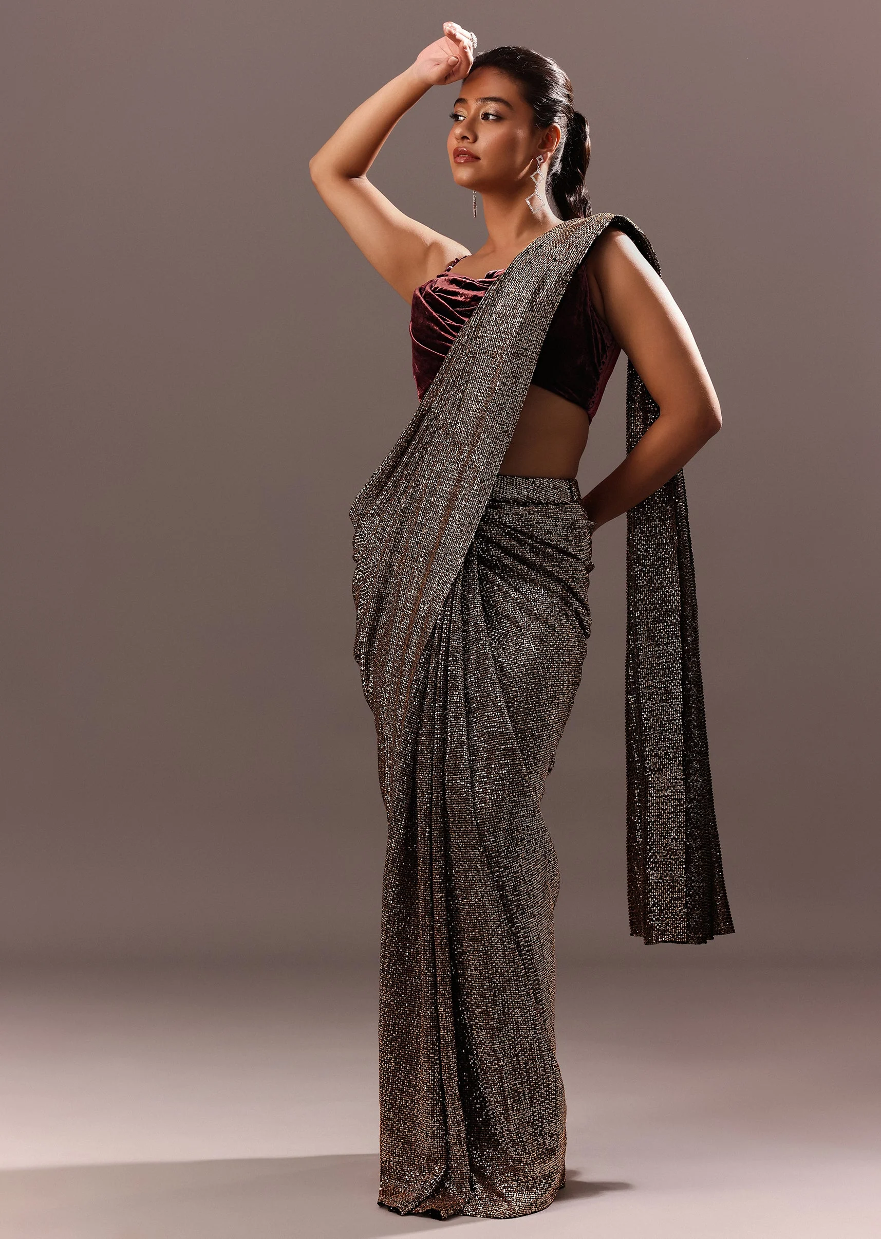 Pre Stitched Brown Sequined Saree With Cowl Blouse - Image 3