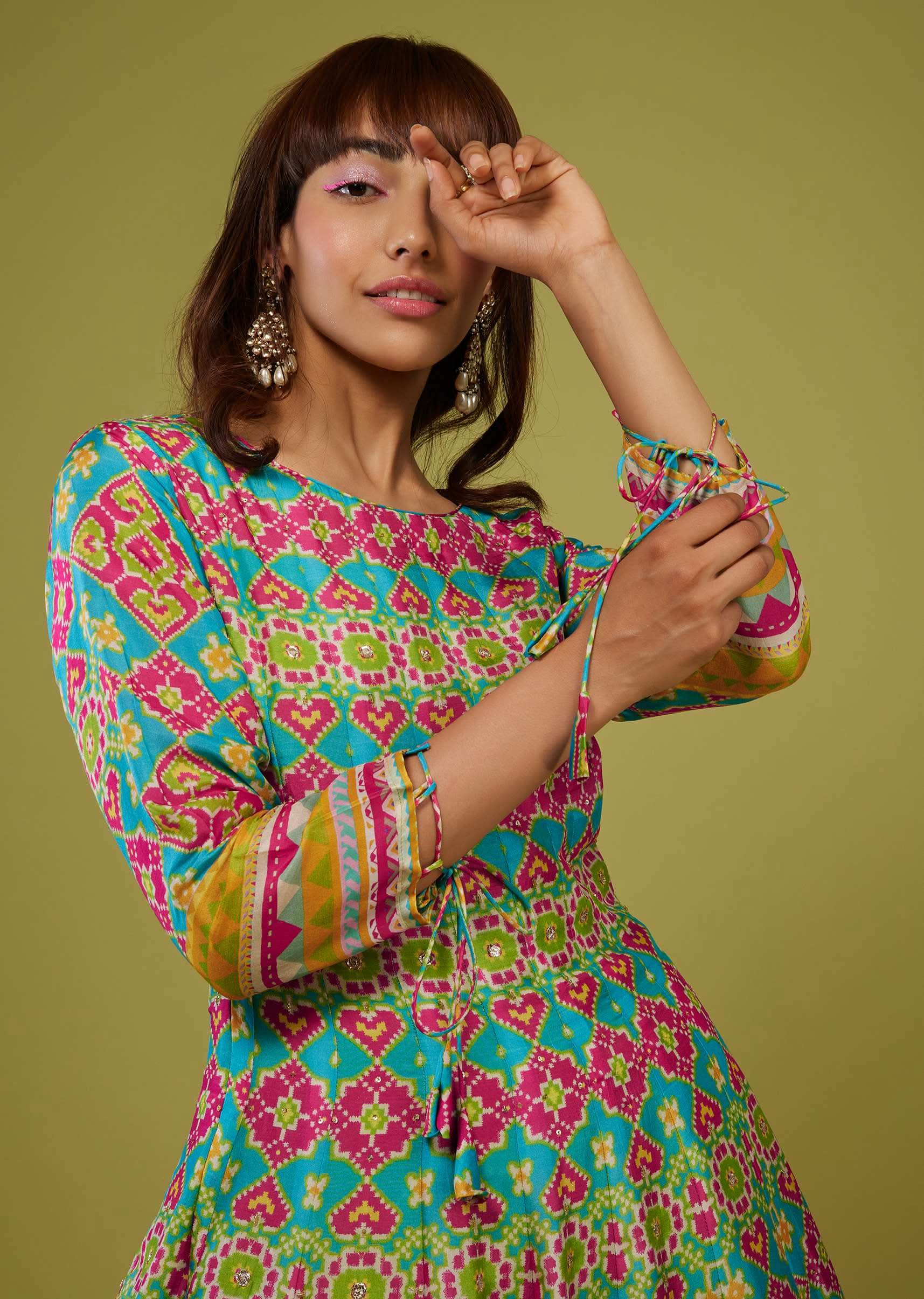 Turq Blue Flared Anarkali Kurti In Silk With Multicolor Print - Image 4