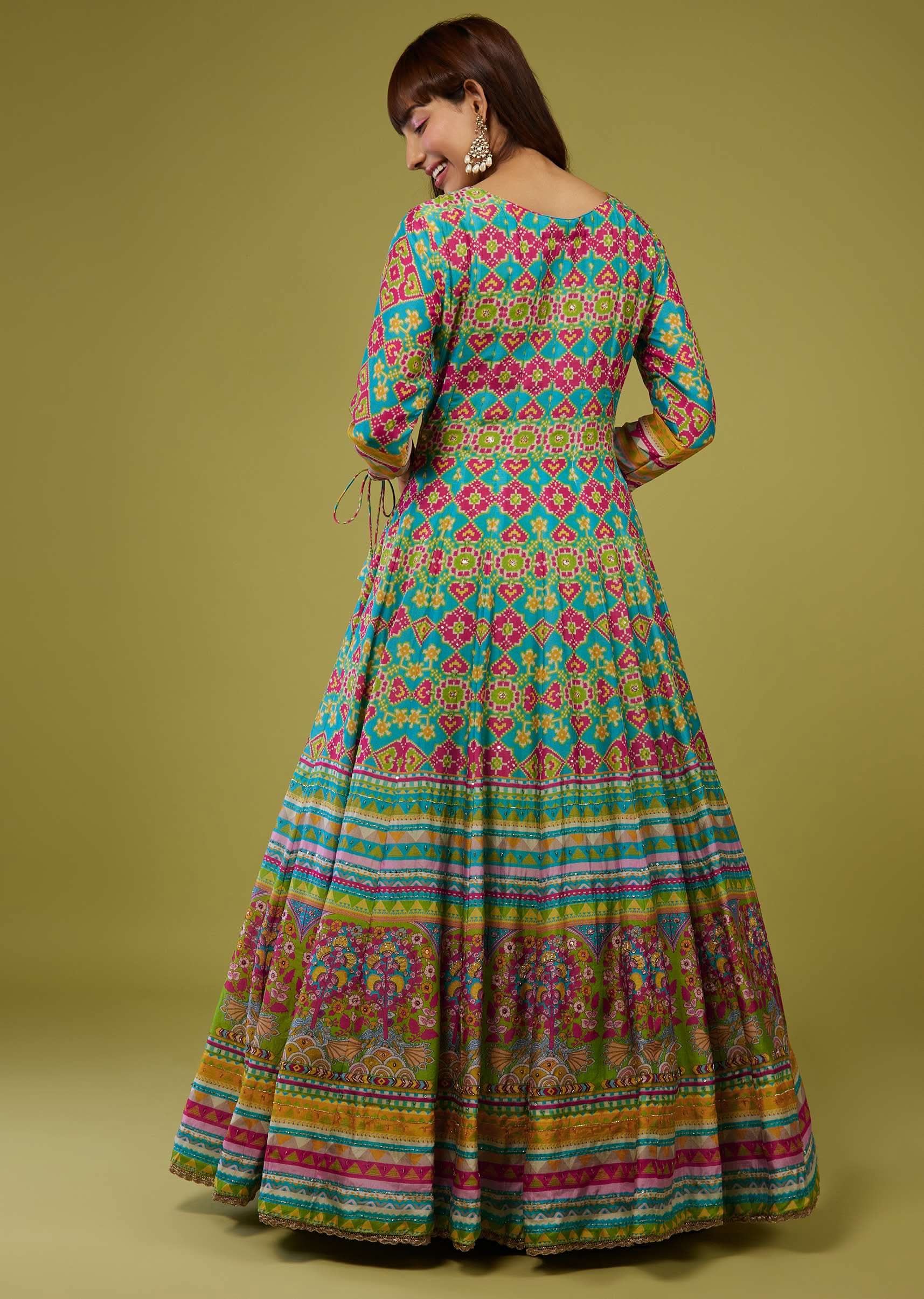 Turq Blue Flared Anarkali Kurti In Silk With Multicolor Print - Image 5