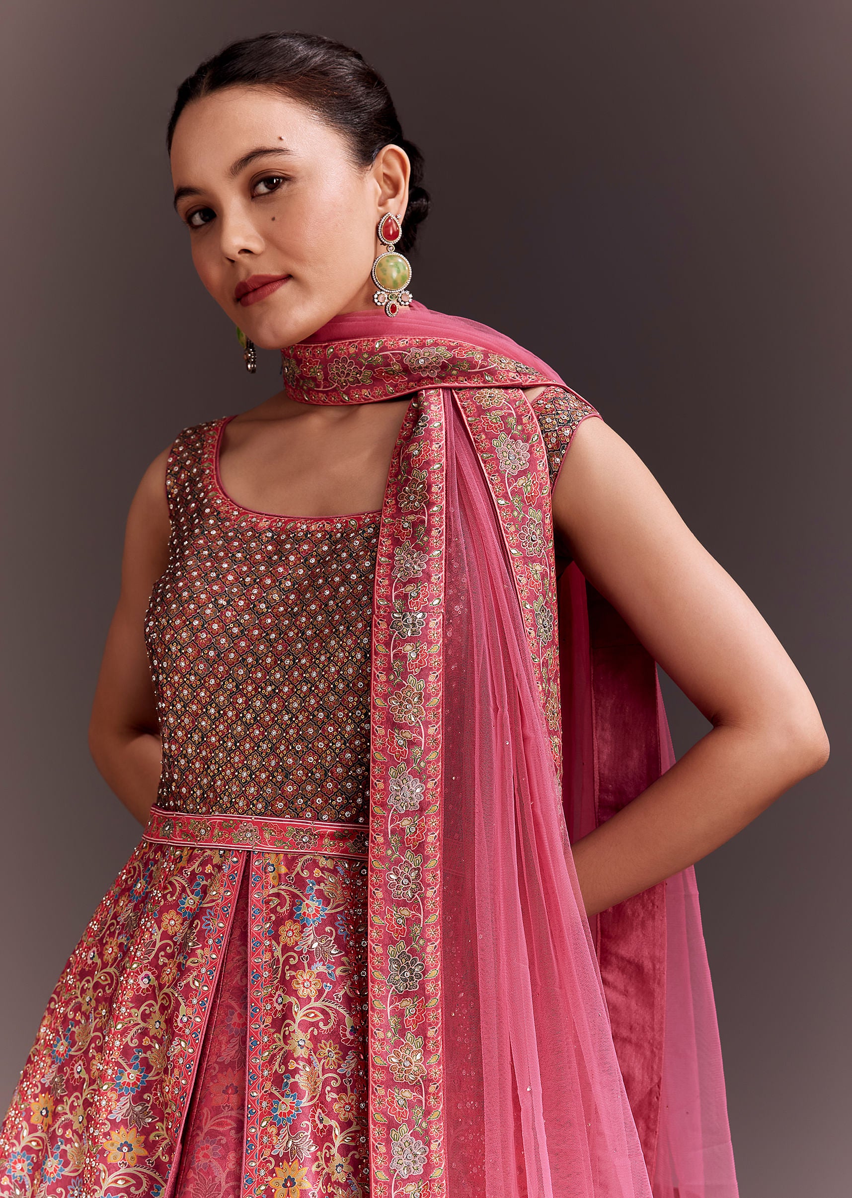 Punch Pink Embroidered Anarkali With Net Dupatta - Image 2