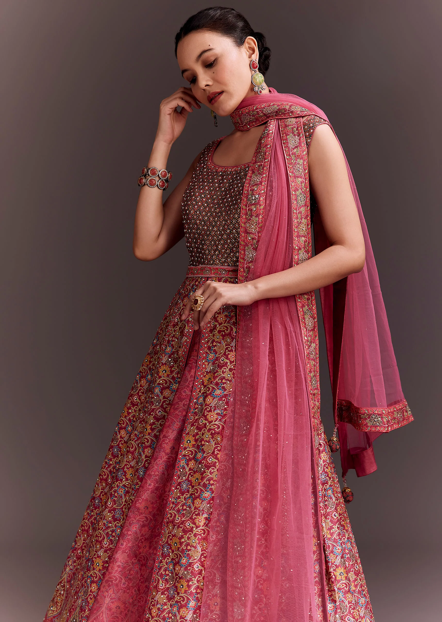 Punch Pink Embroidered Anarkali With Net Dupatta - Image 4