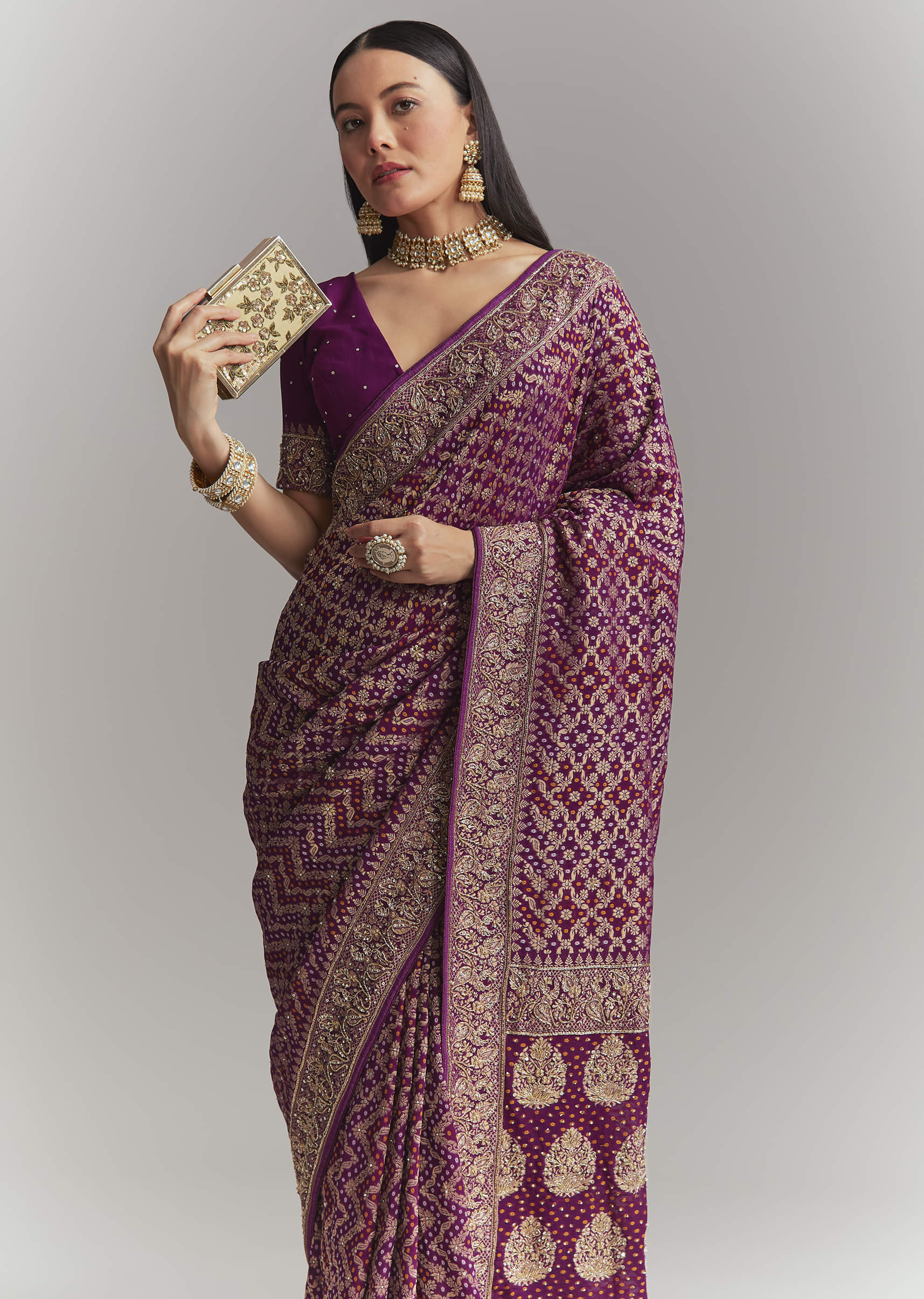 Purple Banarasi Georgette Embroidered Saree With Heavy Hand Embroidery - Image 5