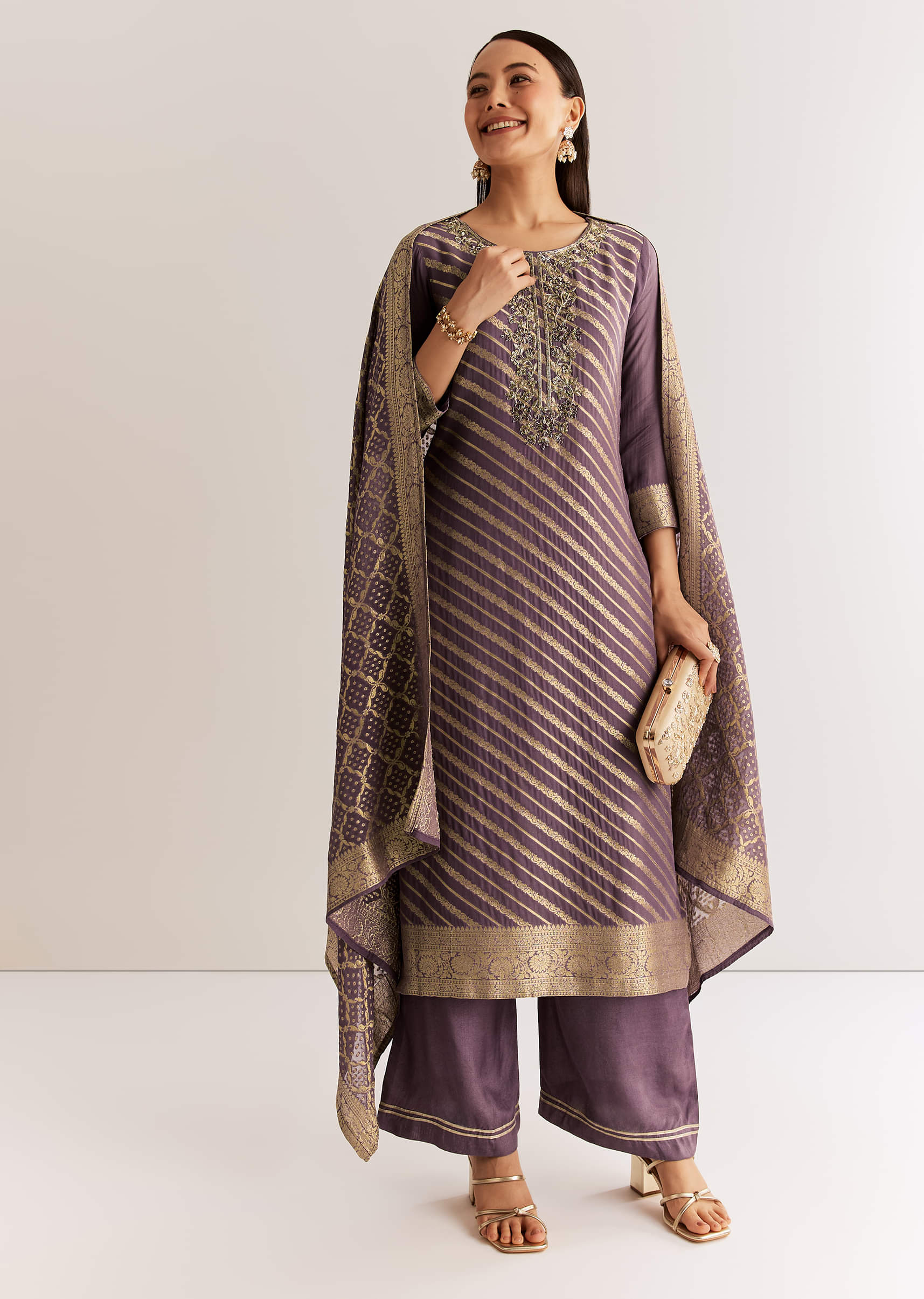 Purple Banarasi Georgette Kurta Set With Zardosi And Cutdana Work - Image 4