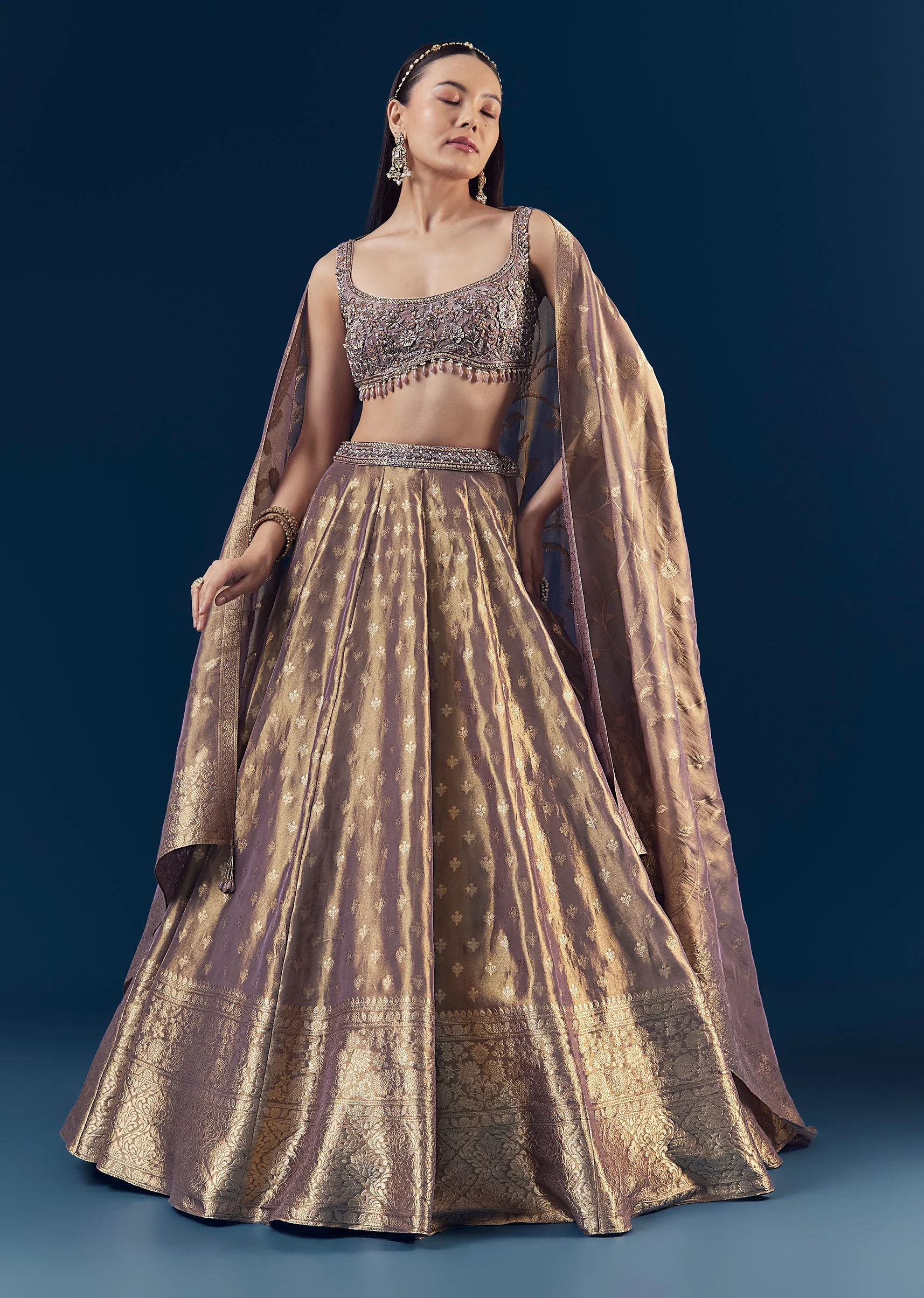 Purple Banarasi Silk Kali Lehenga Set with Hand Embroidery