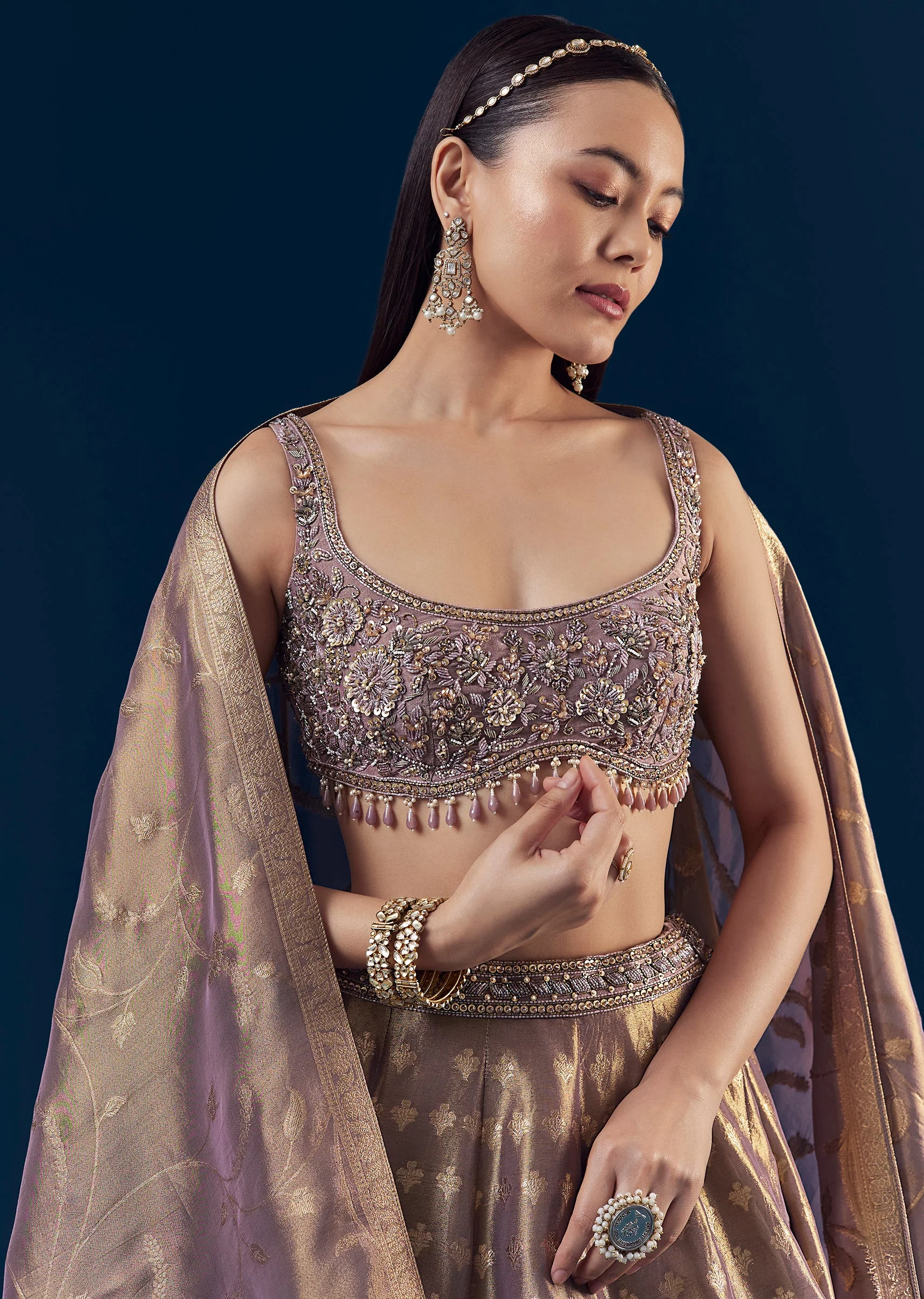 Purple Banarasi Silk Kali Lehenga Set with Hand Embroidery - Image 3
