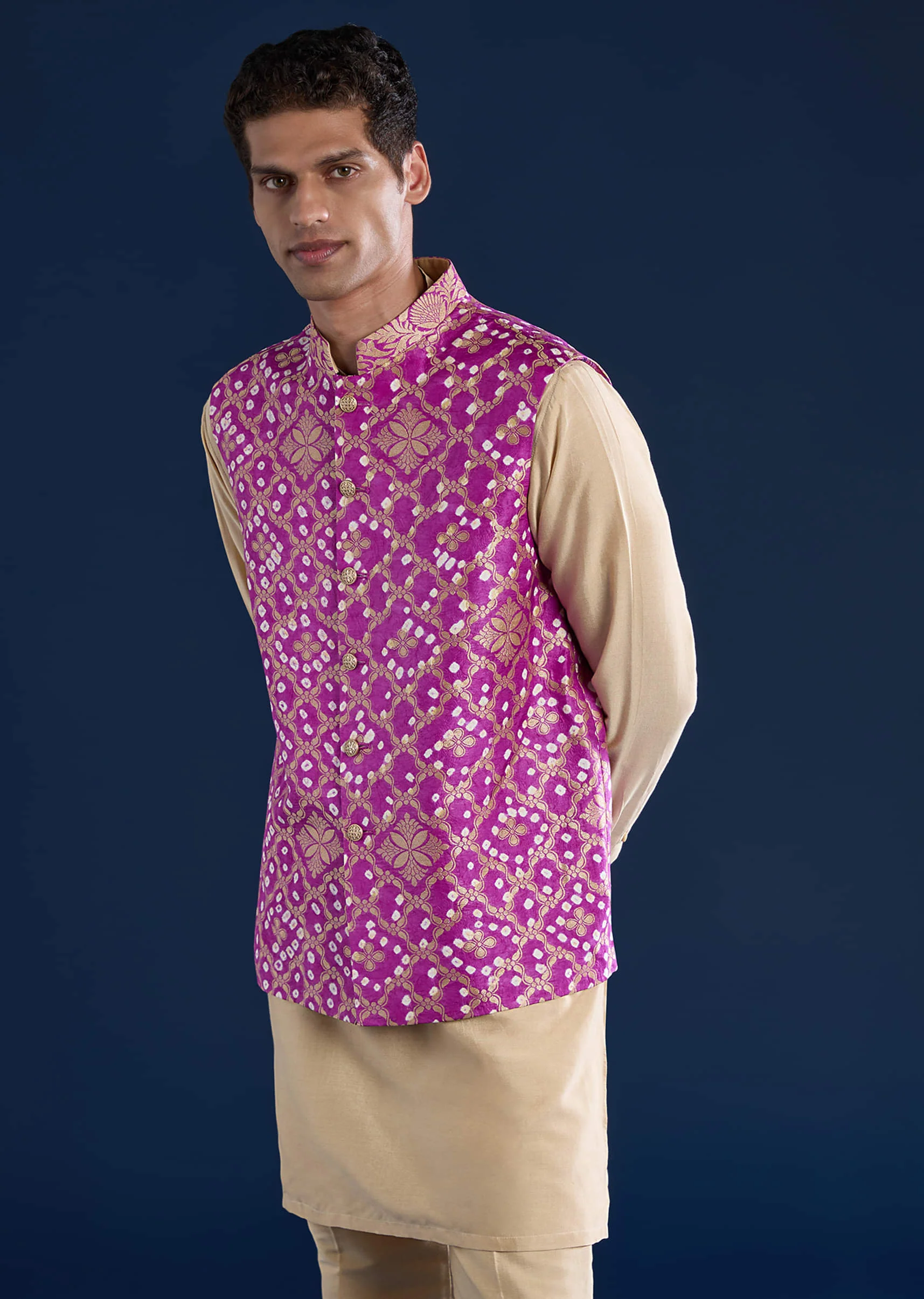 Purple Bandhani Silk Mens Jacket Kurta Set - Image 5