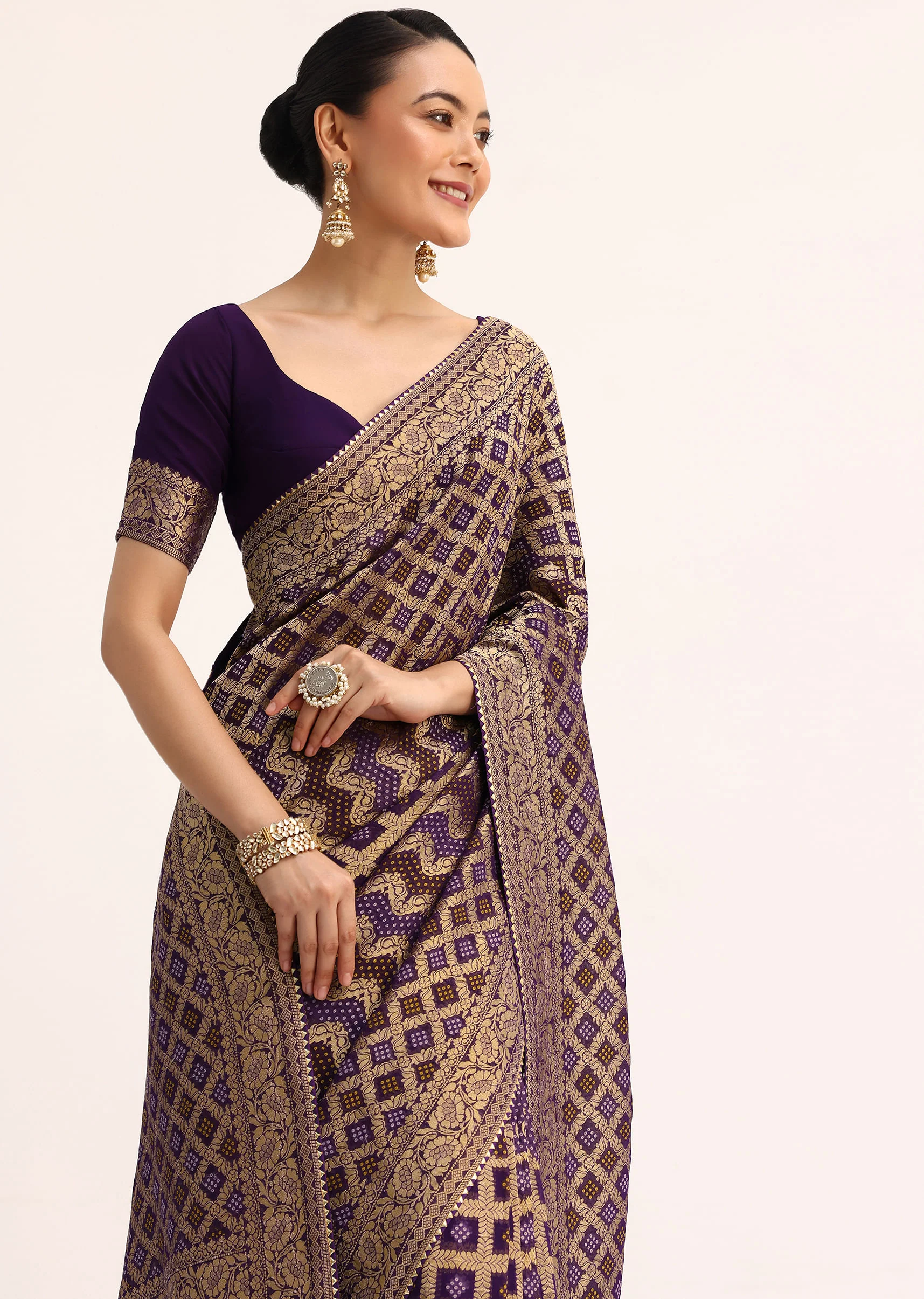 Purple Bandhani Tie Dye Saree With Zari Jaal And Unstitched Blouse - Image 2