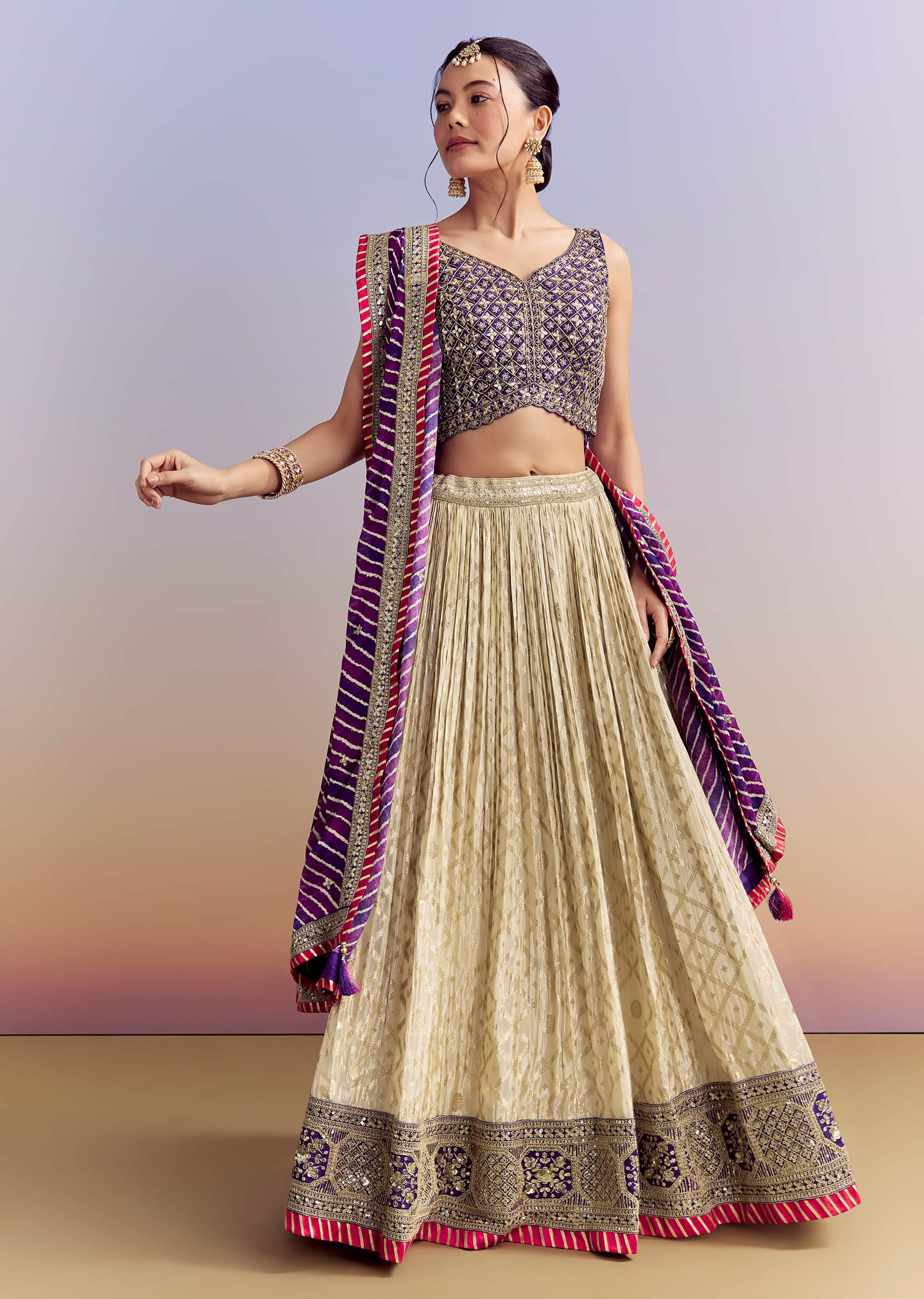 Purple Brocade Silk Bridesmaid Lehenga With Leheriya Dupatta And Zardosi Work - Image 4