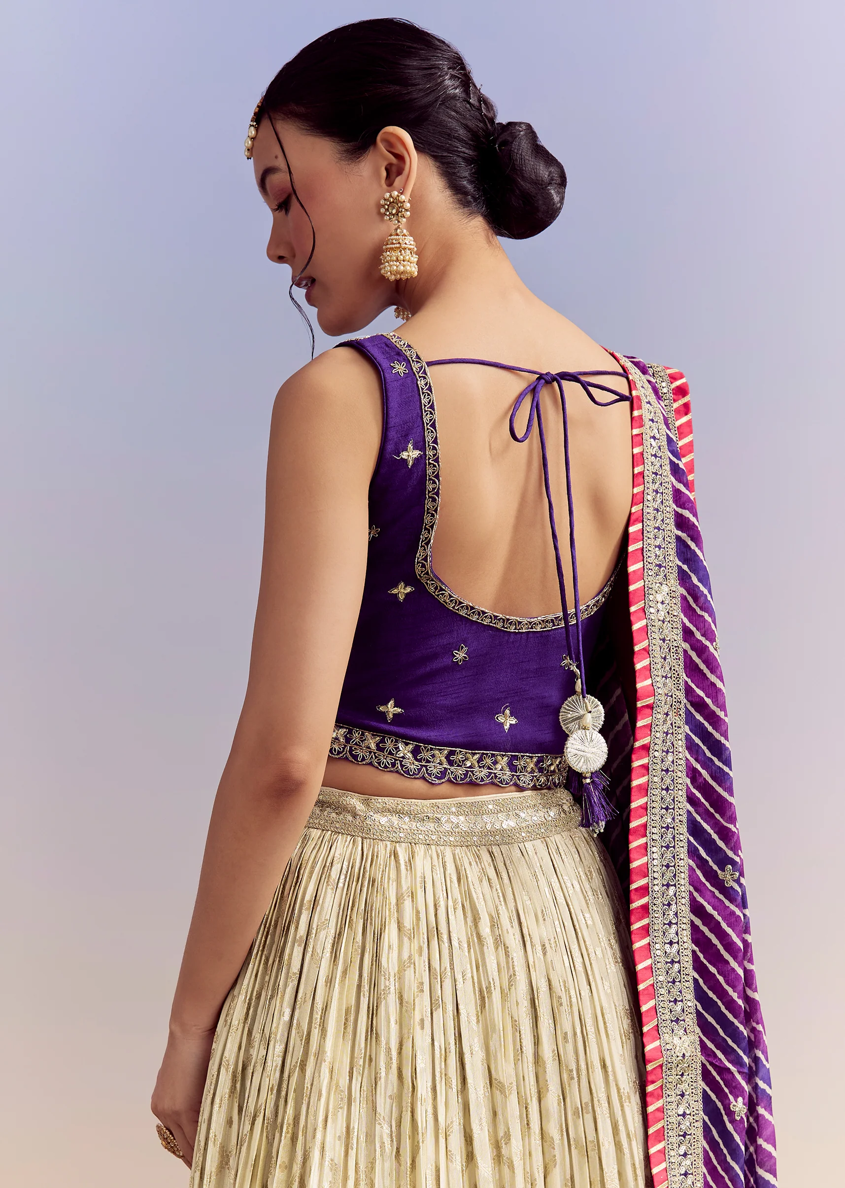 Purple Brocade Silk Bridesmaid Lehenga With Leheriya Dupatta And Zardosi Work - Image 6